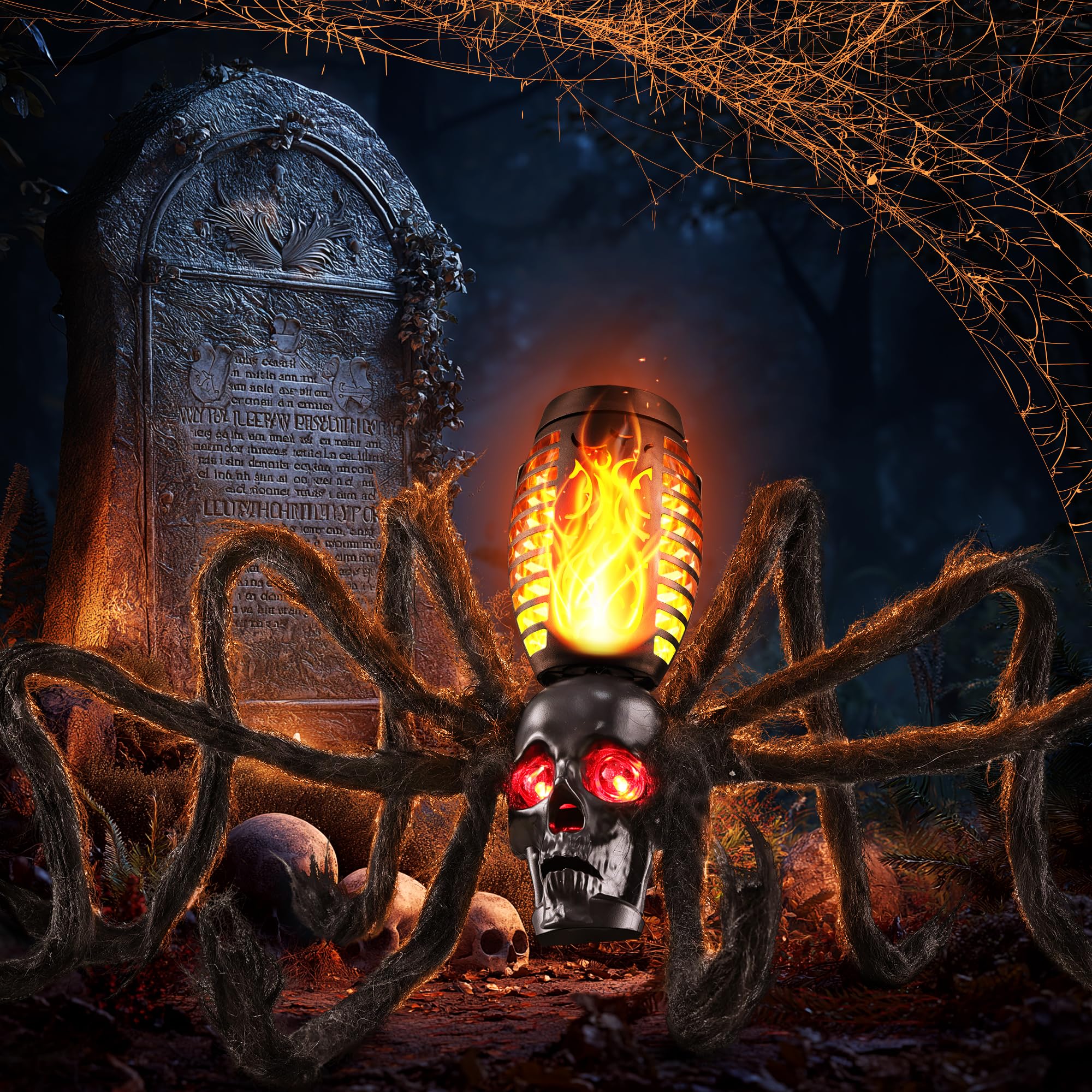 Halloween Skull Flame Light with 8 Spider Tentacles - Solar Powered Outdoor Lighting Decoration for Halloween Parties, Gardens, 