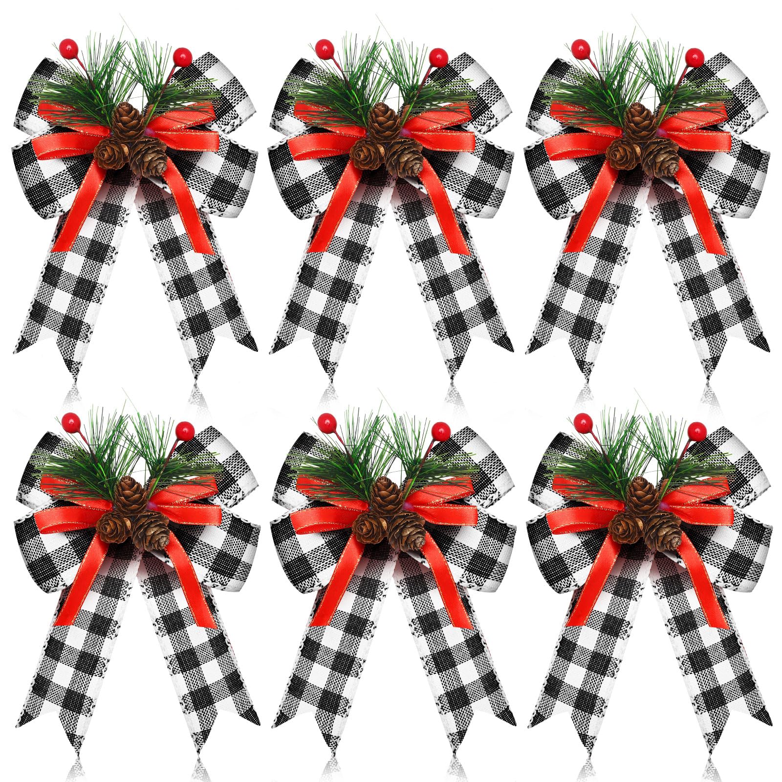 Syhood 6 Pcs Christmas Bows with Pine Cones Pine Needles Xmas Plaid Bows Black White Ribbon Christmas Tree Wreath Decoration for