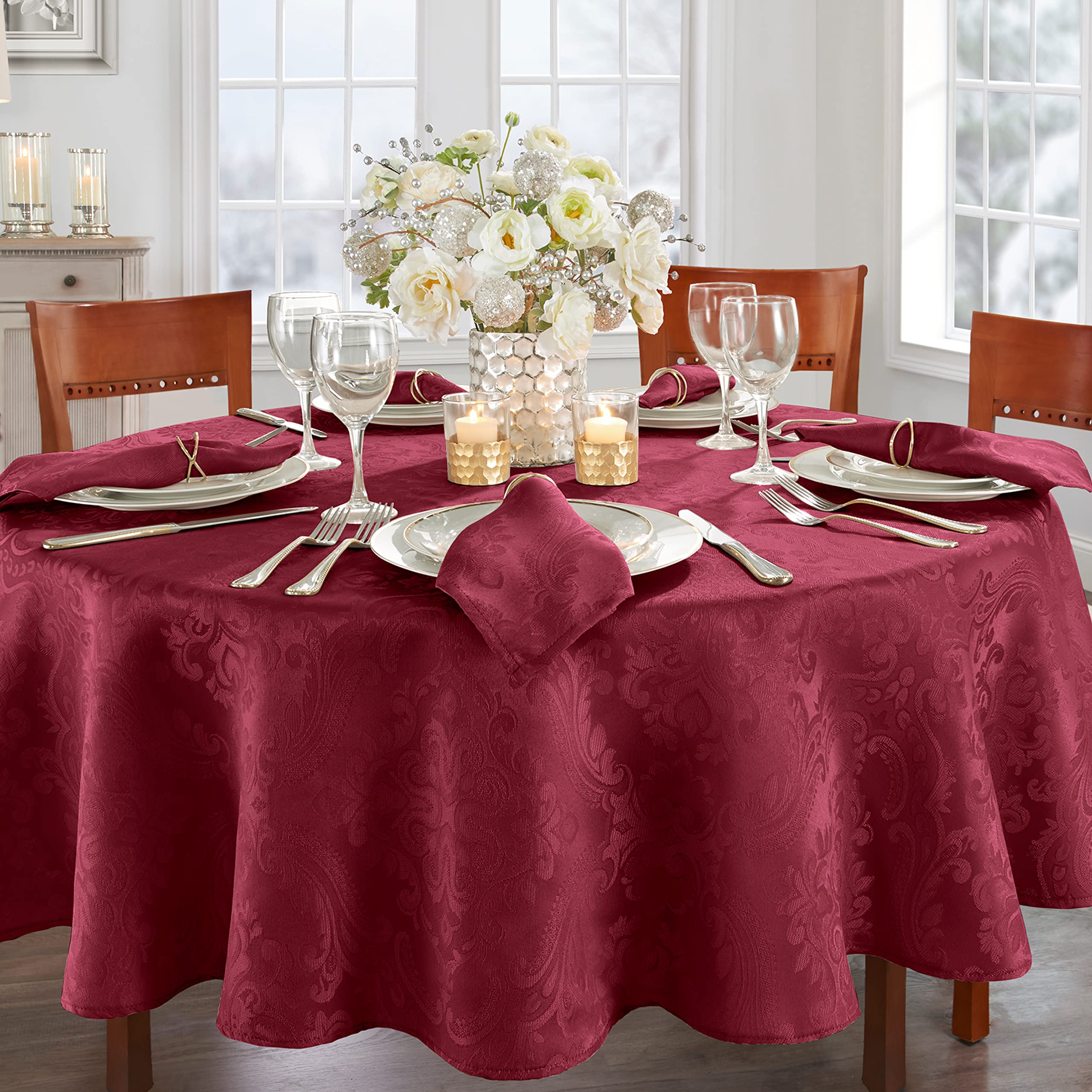 Elrene Home Fashions Caiden Elegance Damask Fabric Tablecloth, 90 Round, Cranberry