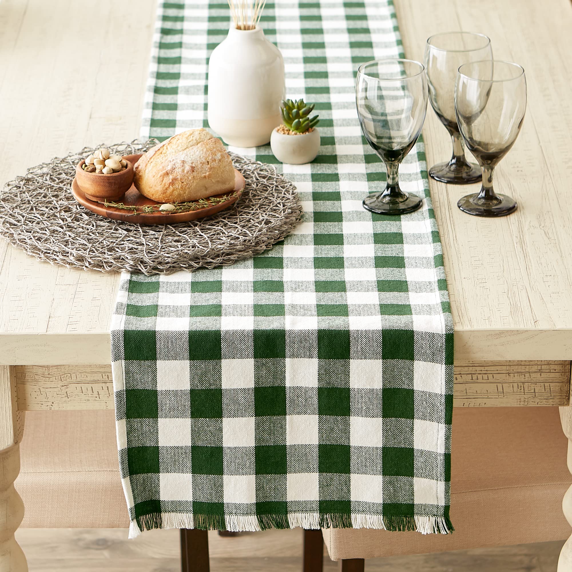 DII Heavyweight Fringed Check Tabletop Collection  Table Runner  14x72  Hunter Green