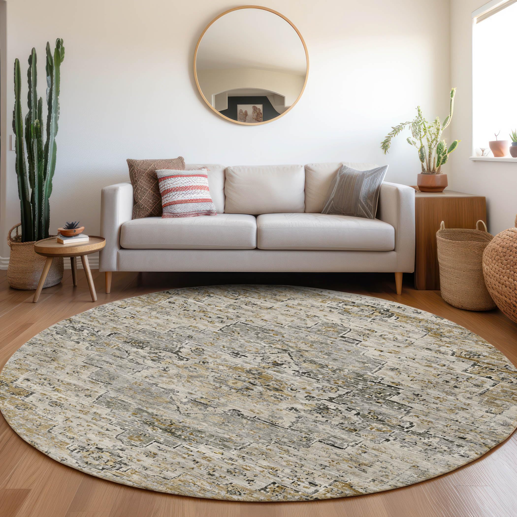 Machine Washable Indoor/Outdoor Chantille Taupe 8 x 8 Round Rug