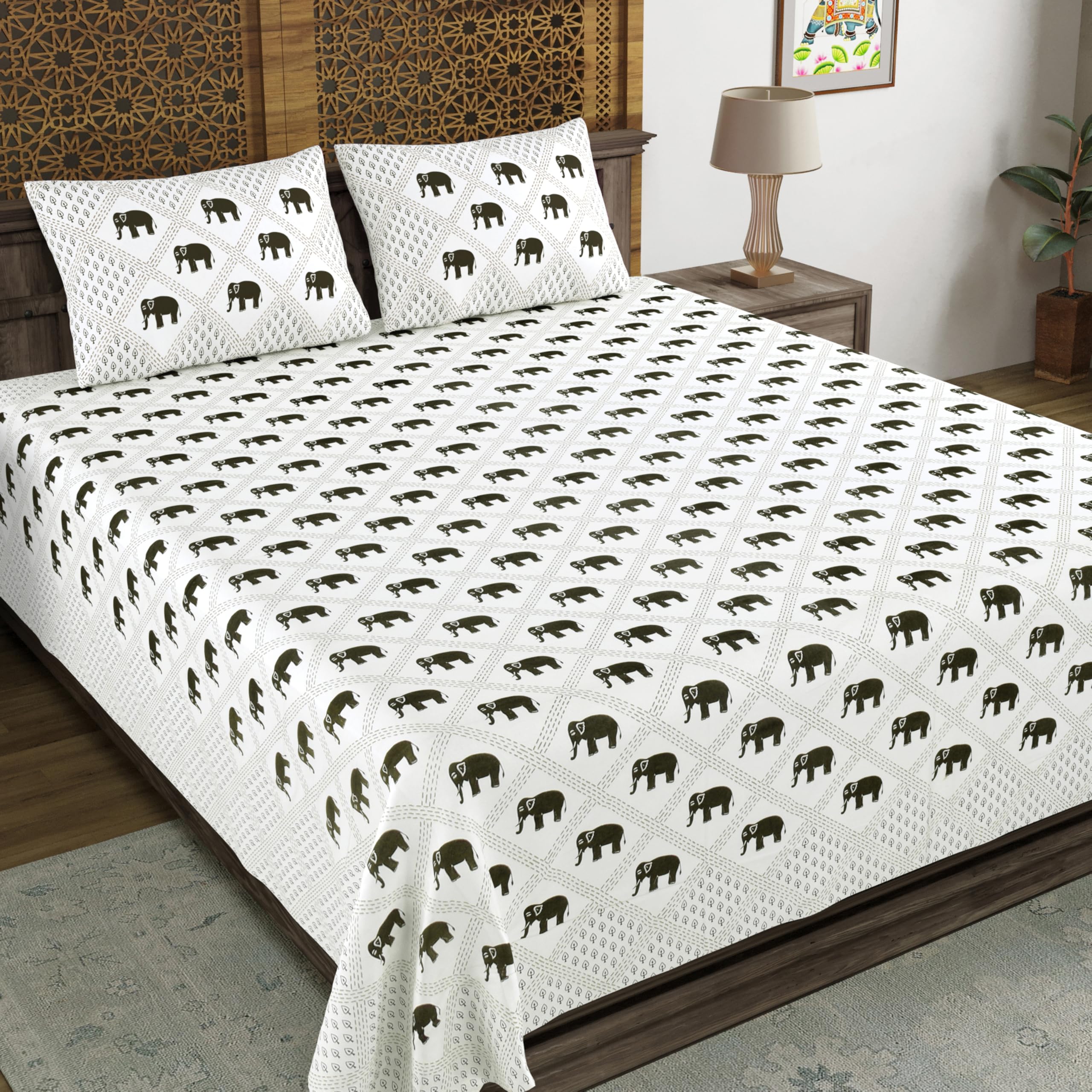 Blocks Of India Hand Block Printed 200 Tc Cotton Super King Size Bedsheet (Brown Small Ele)