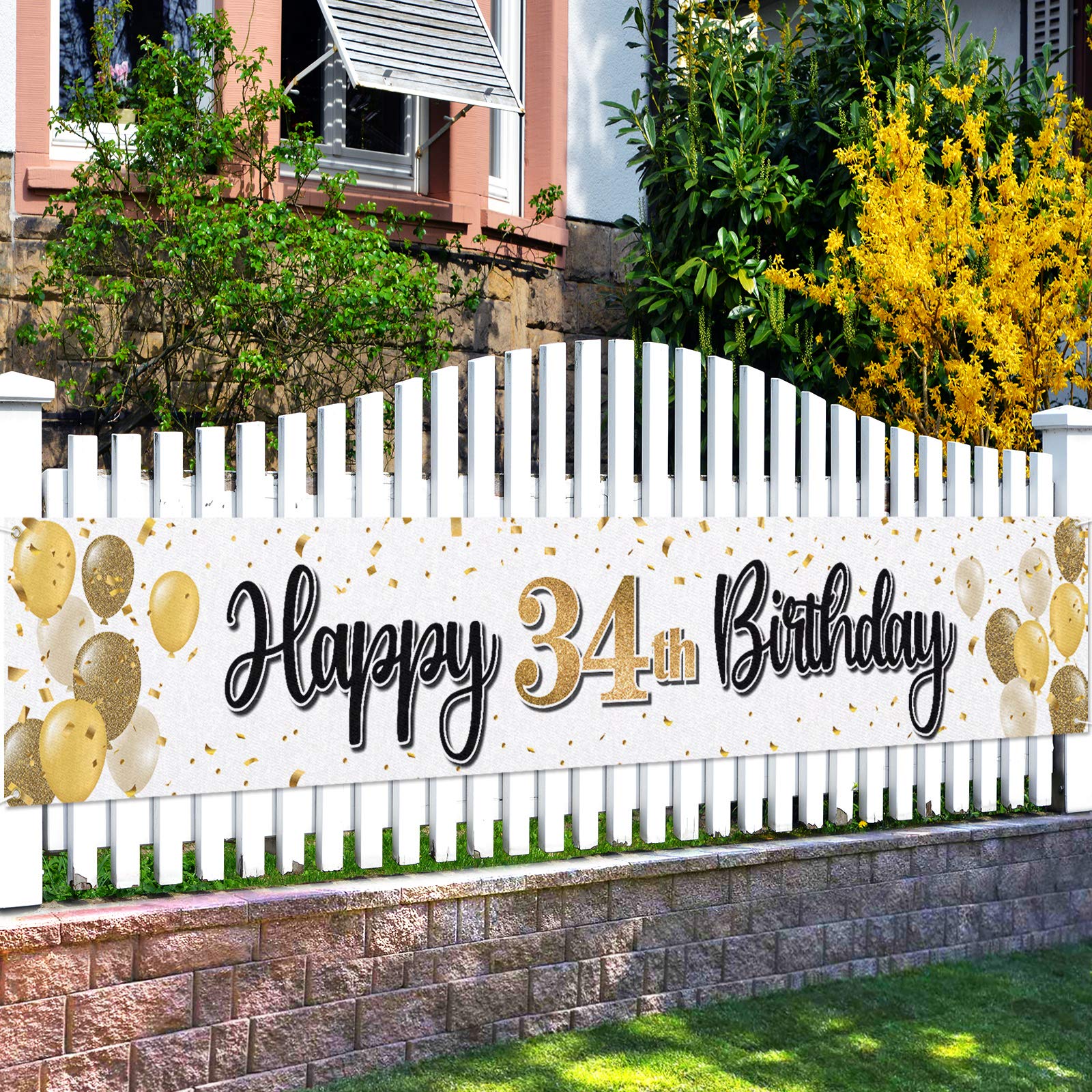 Laskyer Happy 34Th Birthday Decorations,34Th Gold Balloon Large Birthday Hanging Banner Sign,34 Years Old Bday Party Supplies.