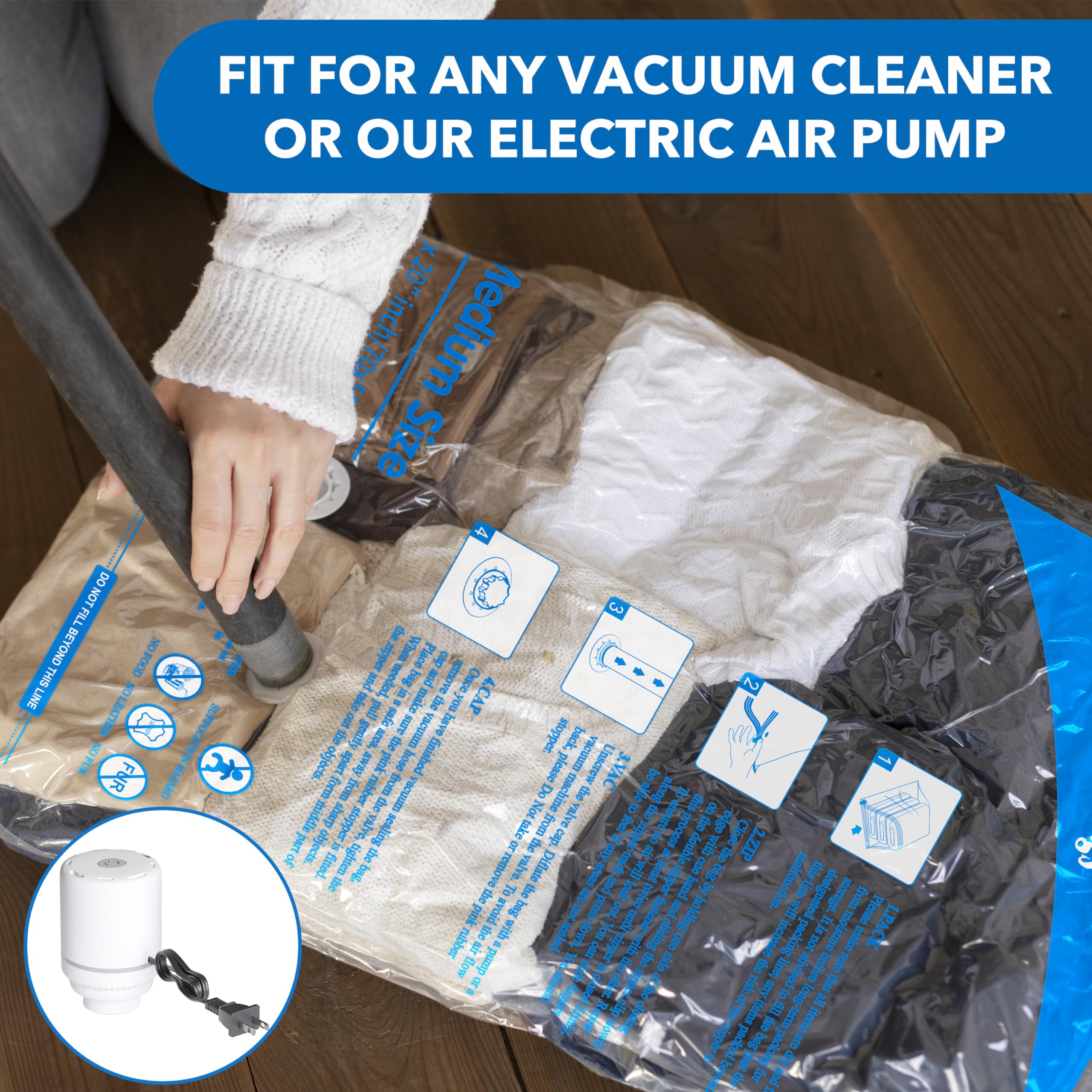 24 Pack Vacuum Storage Bags with Electric Air Pump 5 jumbo  5 large  5 midium  5 small and 4 roll bags