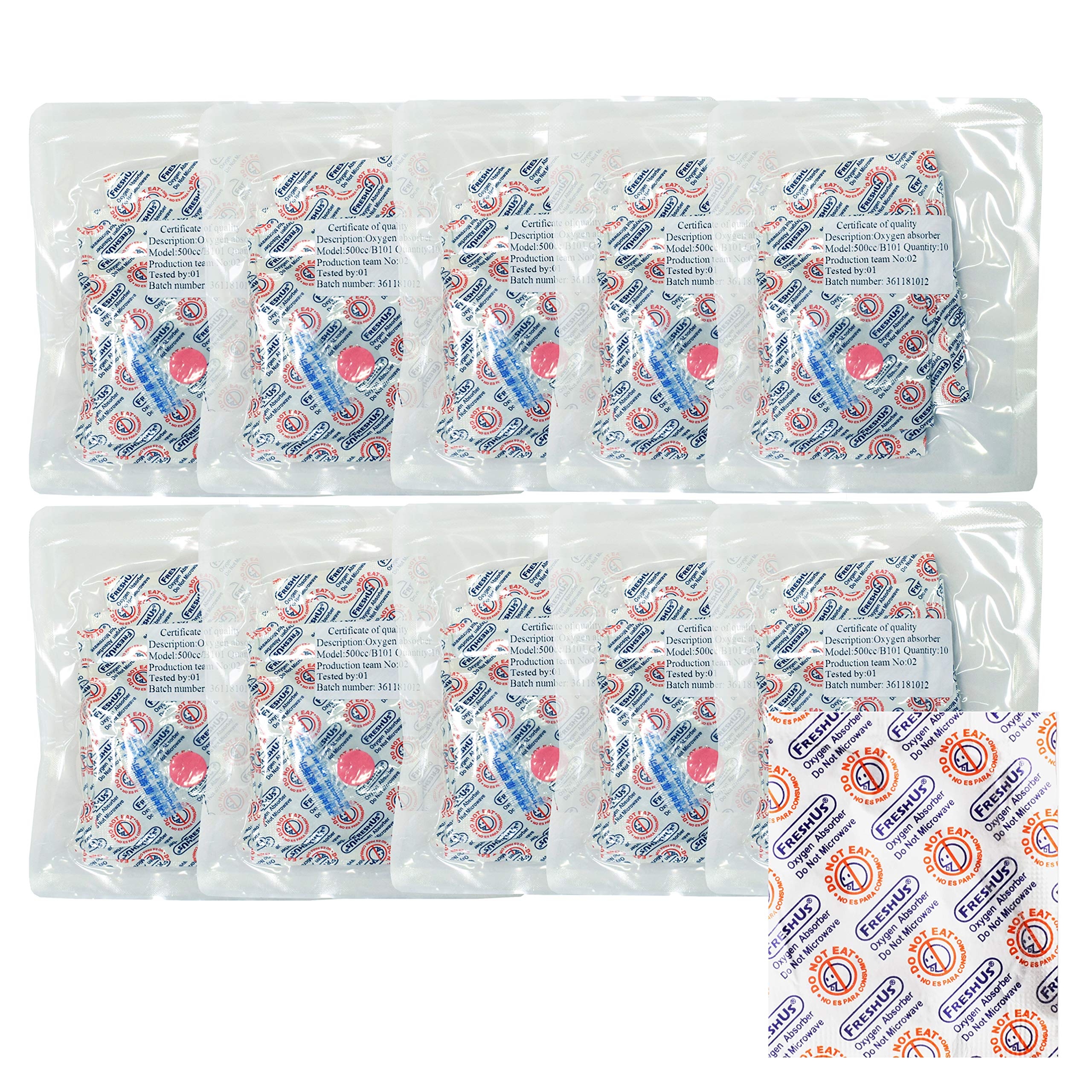 FreshUs 500cc Oxygen Absorber(10 Indiviual Packs of 10 Packets, Total 100 Packets) - Long Term Food Storage (100, 500 CC)