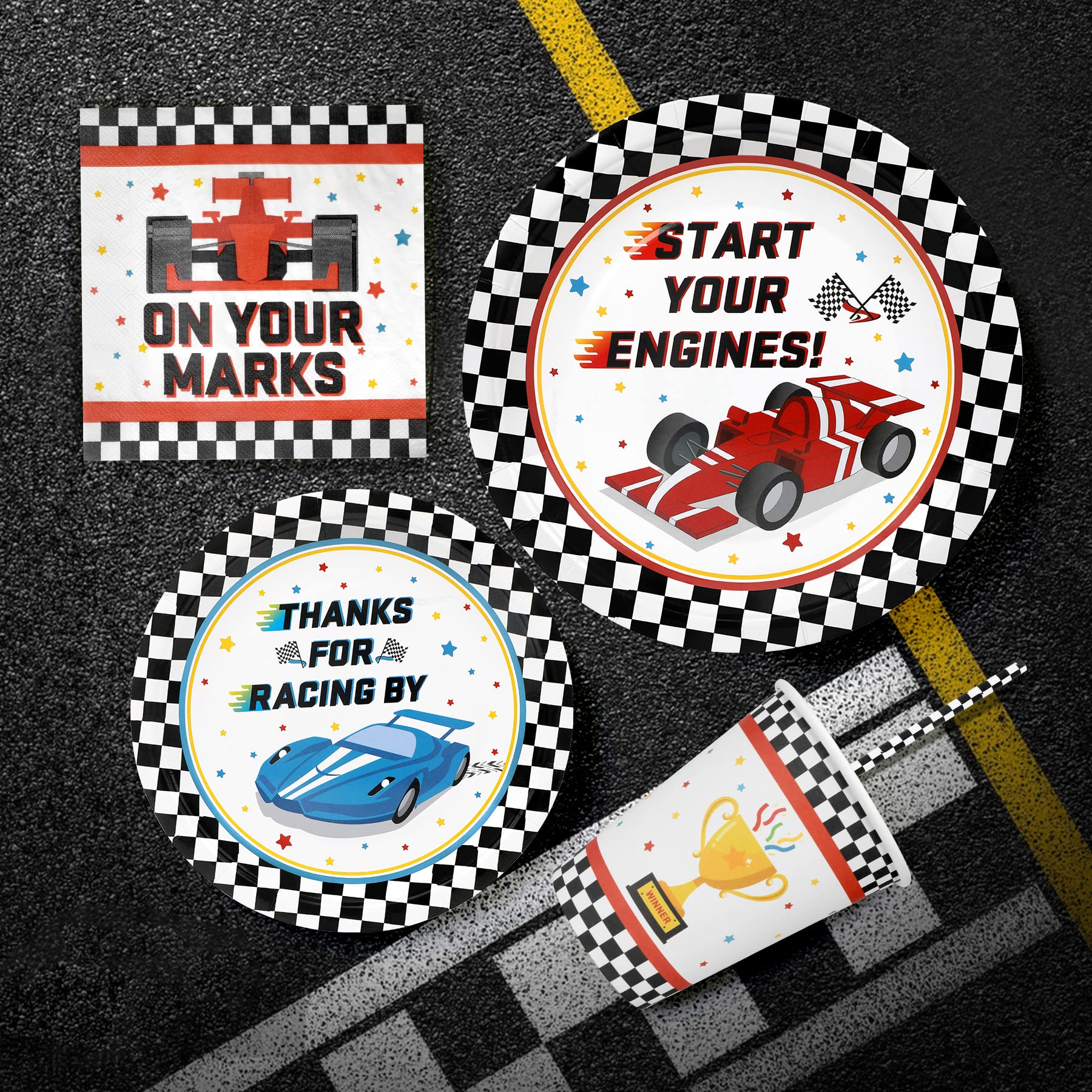 Racing Car Party Supplies Decorations, Checked Race Car Theme Birthday Paper Plates And Napkins Set With Cups And Straws For 24
