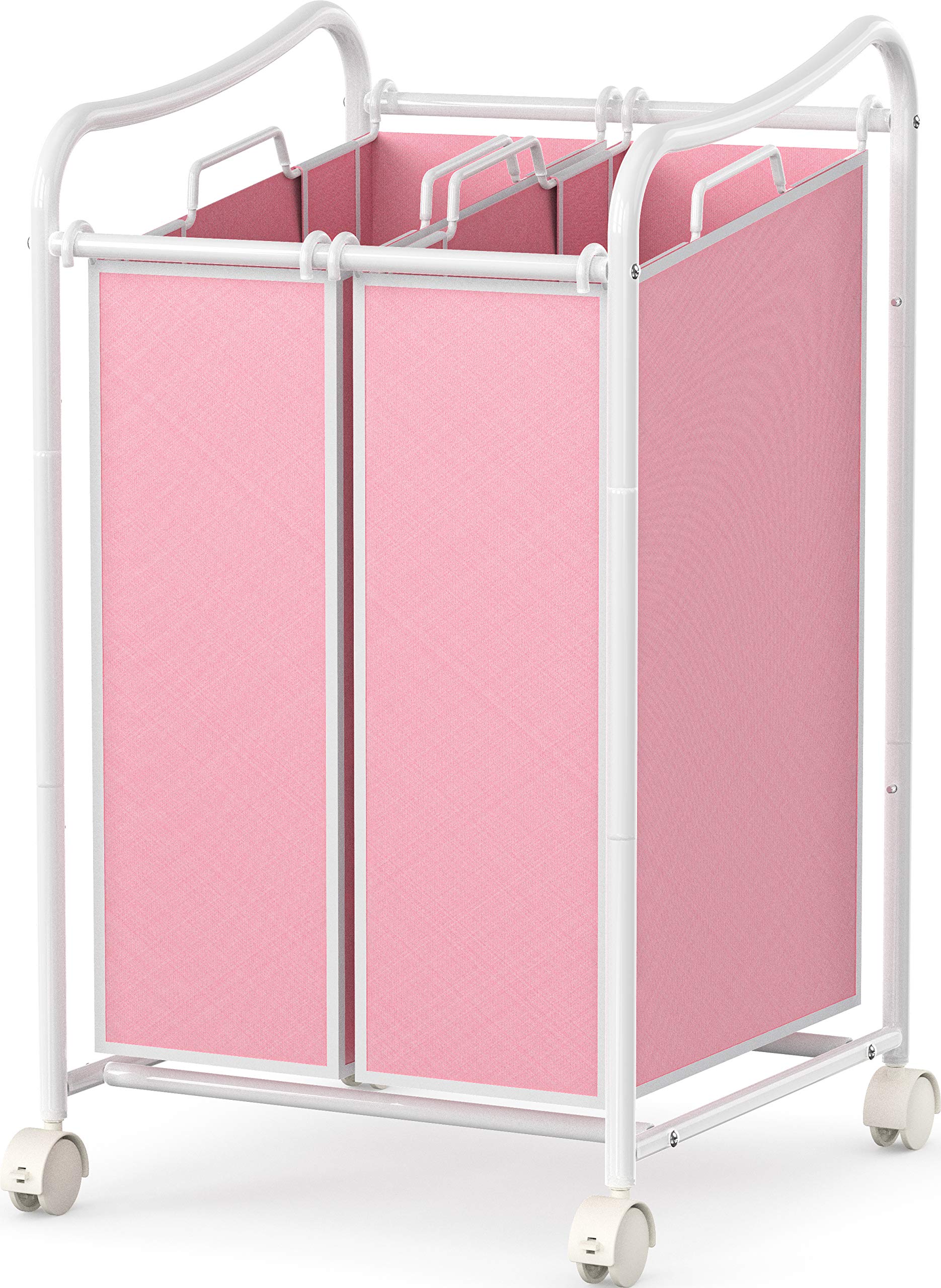 Simple Houseware 2-Bag Heavy Duty Rolling Laundry Sorter Cart, Whitepink