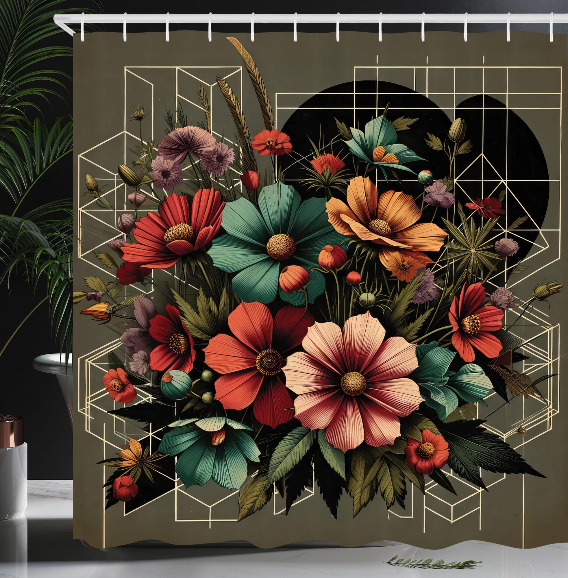 Ambesonne Floral Shower Curtain, Futurist Composition Of Geometric Lines Shapes And Flower Bouquet Art, Cloth Fabric Bathroom De