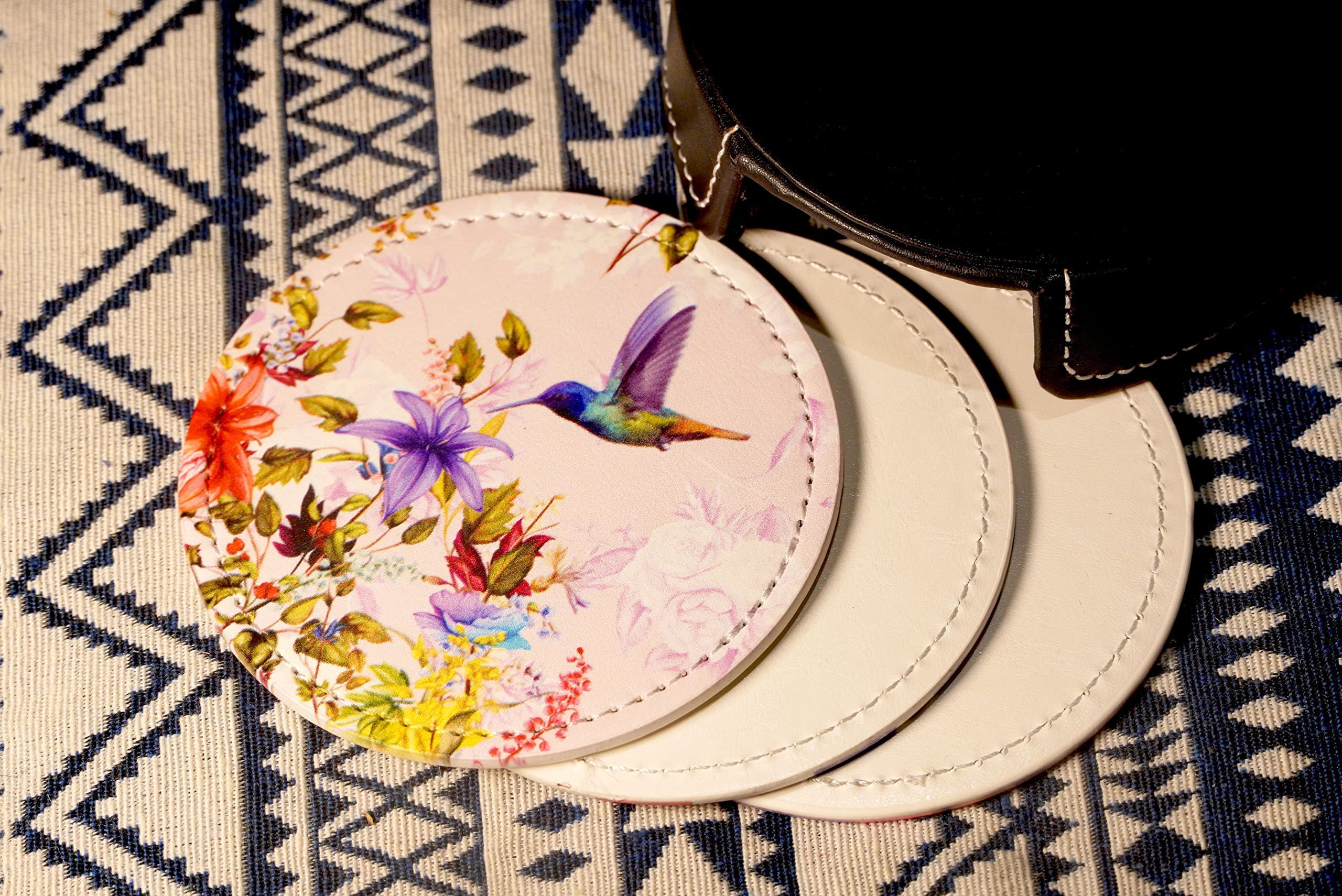 Hummingbirds Bird Flower Coasters For Drinks With Holder Leather Coasters Set Of 6 Table Decor Protect Furniture From Water Mark