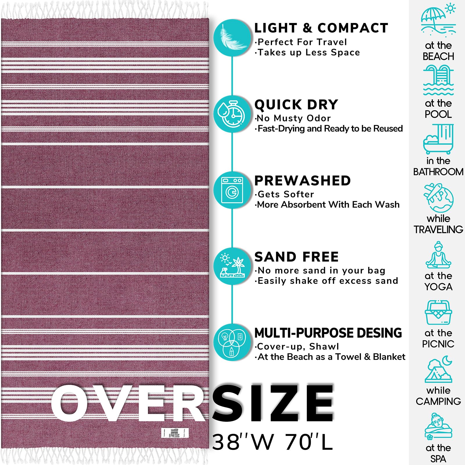 EPHESUS TOWELS Turkish Beach Towel - Oversized 39x71 inch, Quick Dry Cotton, Lightweight - Orchid, Ideal for Beach, Bath, Gym, Yoga