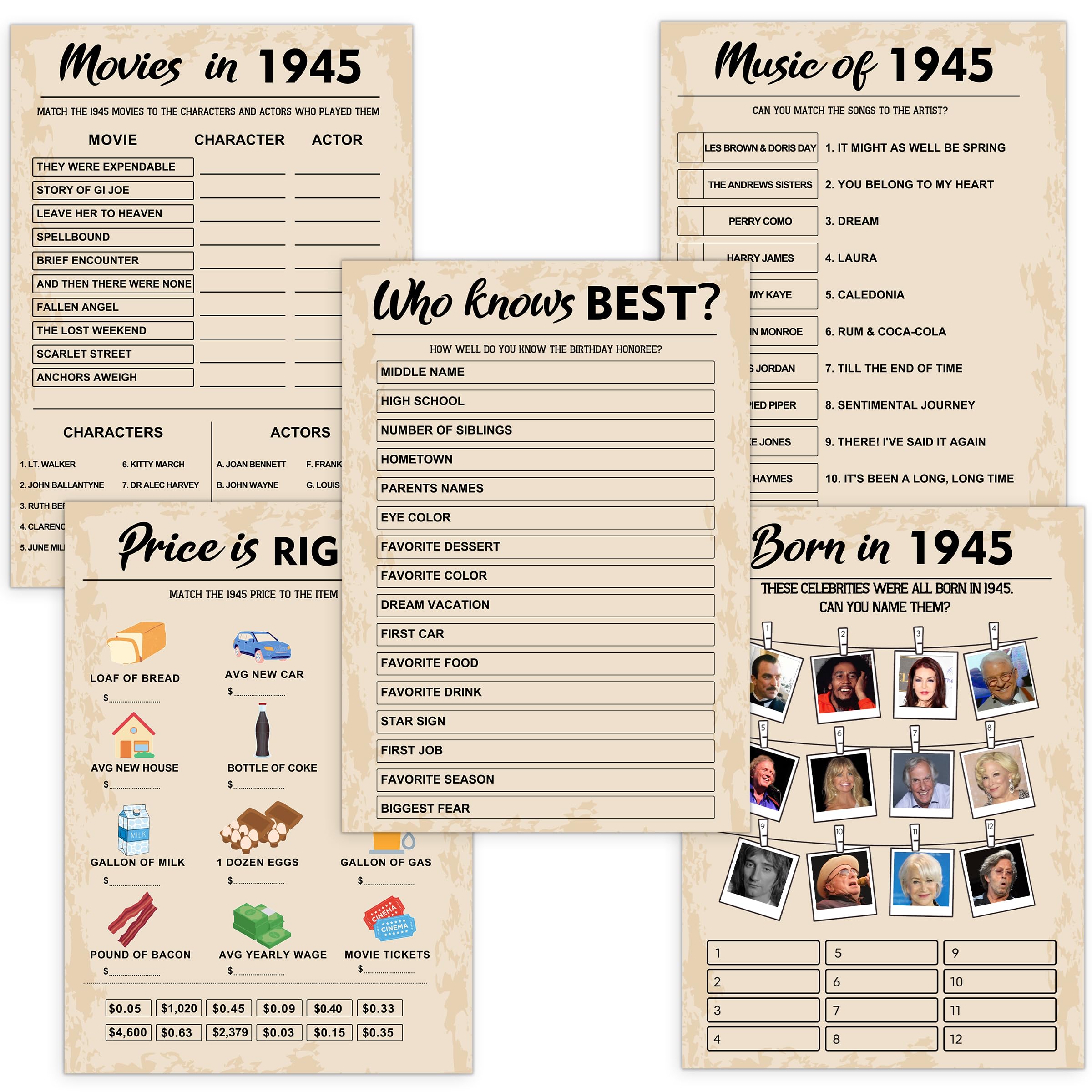 80Th Birthday Party Games, Born In 1945 Games Bundle, Set Of 5 Activities For 10 Guests, Birthday Party Supplies For Adults, Pac