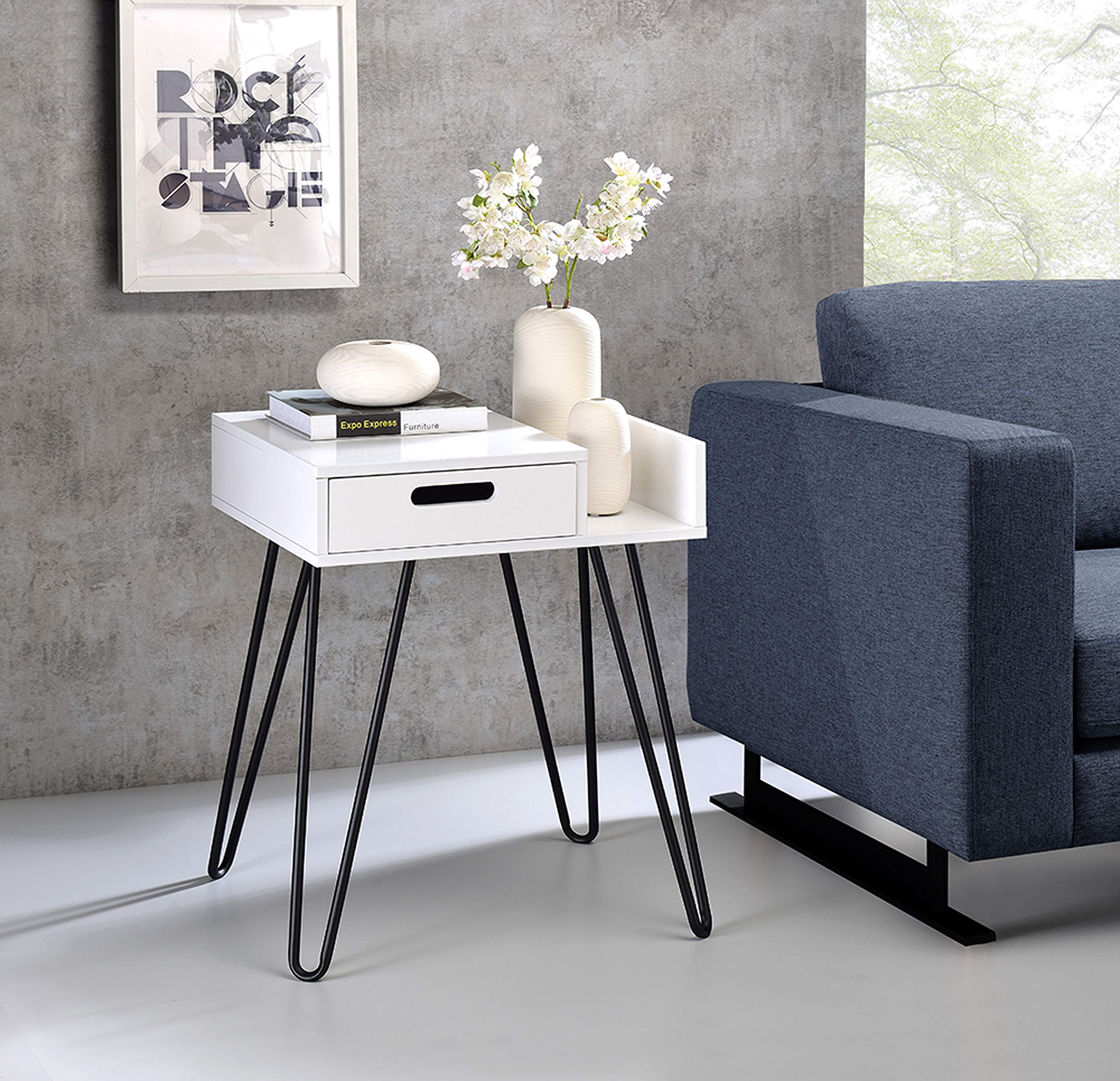 Kings Brand Furniture - Landini Side End Table - Night Stand, White Wood with Black Metal Legs-Like New Condition