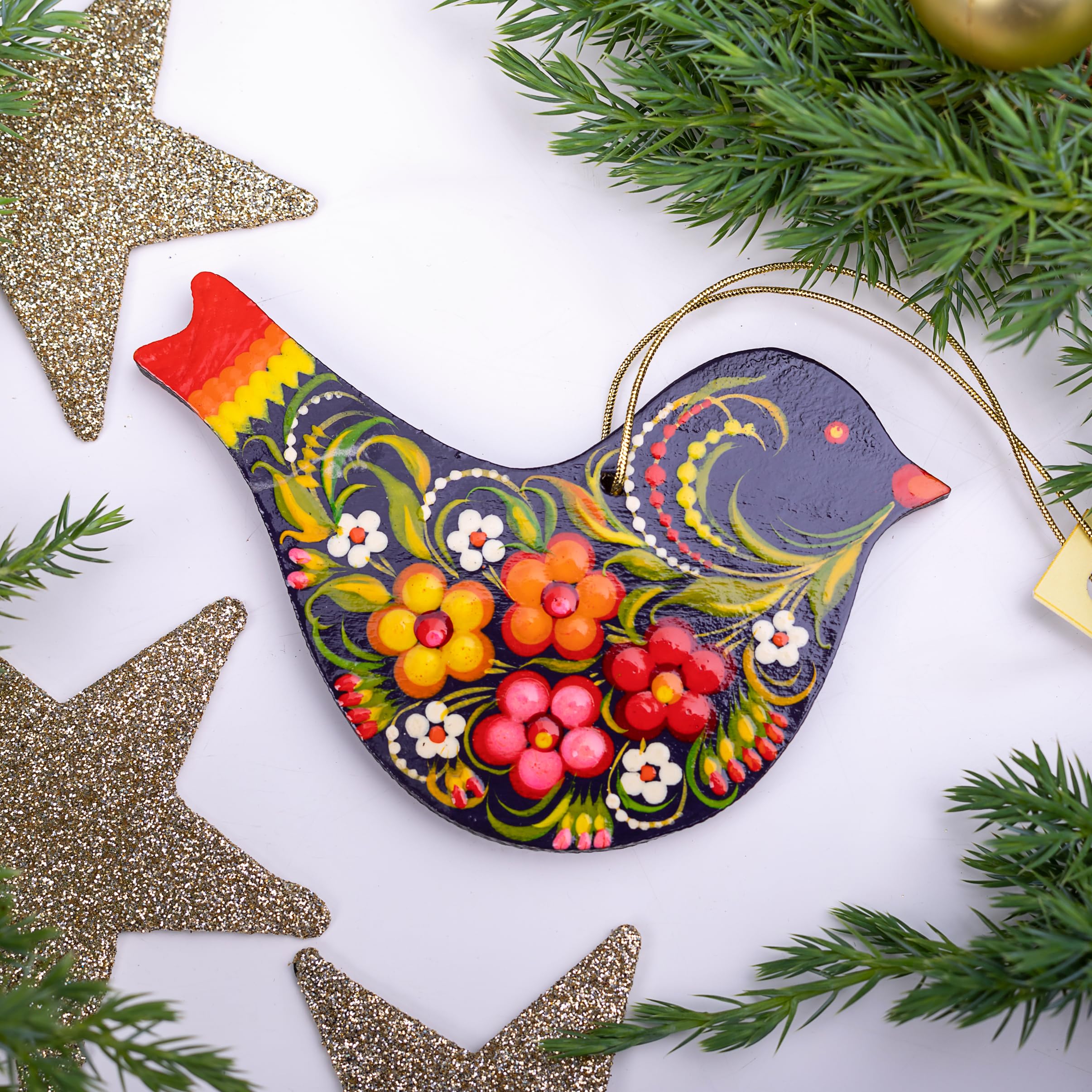 Bird Christmas Ornament Country Christmas Art 4,3 x 3,3 x 0,2 inch Wooden Hand-Painted Both Sides Christmas Tree Easter Window S