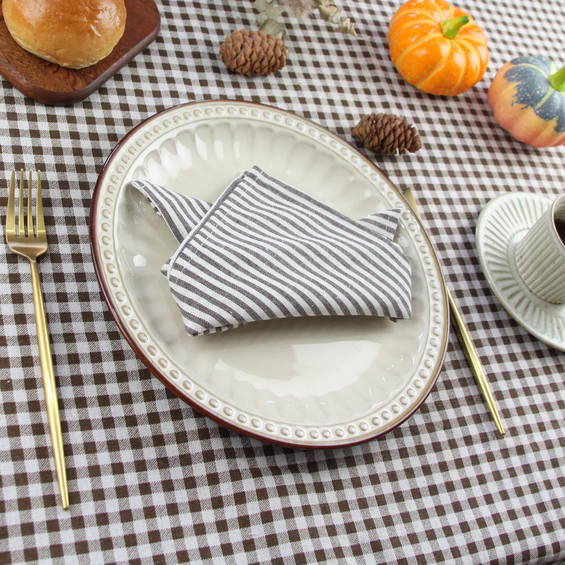 Infei Plain Striped Cotton Linen Blended Dinner Cloth Napkins - Set Of 12 (17 X 17 Inches) - For Events & Home Use (Brown)