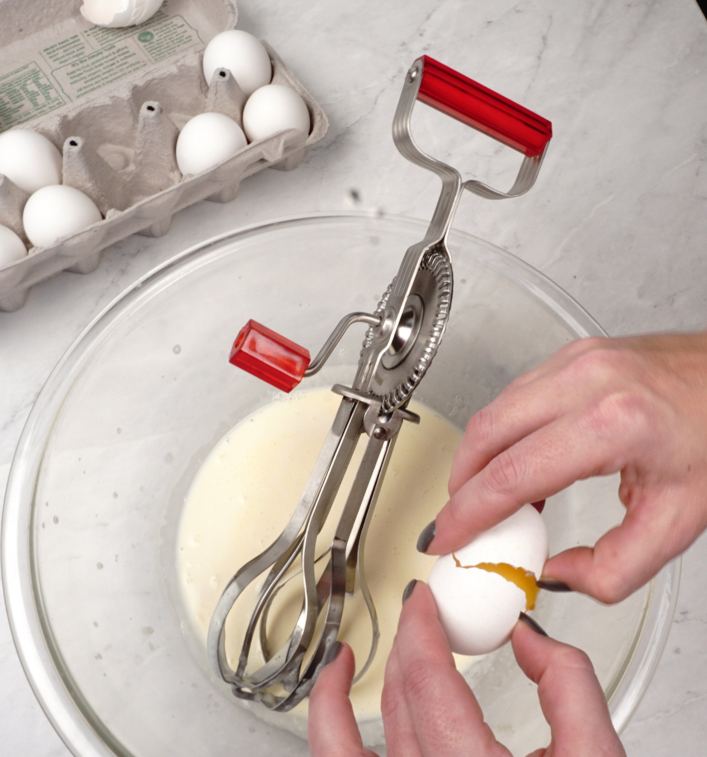 RSVP International Handheld Vintage Egg Beater, 18/8 Stainless Steel, 12.25 Inch, Red, Model 8064, Dishwasher Safe