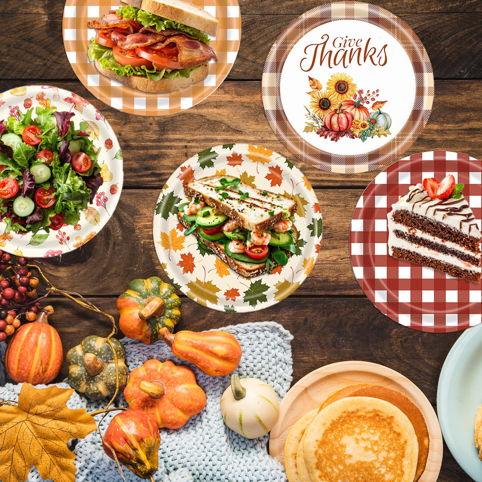 WRXVVTSV 50PCS Fall Paper Plates 7 Inch - Disposable Dessert Plates with 5 Autumn Designs, Thanksgiving & Friendsgiving Party Su