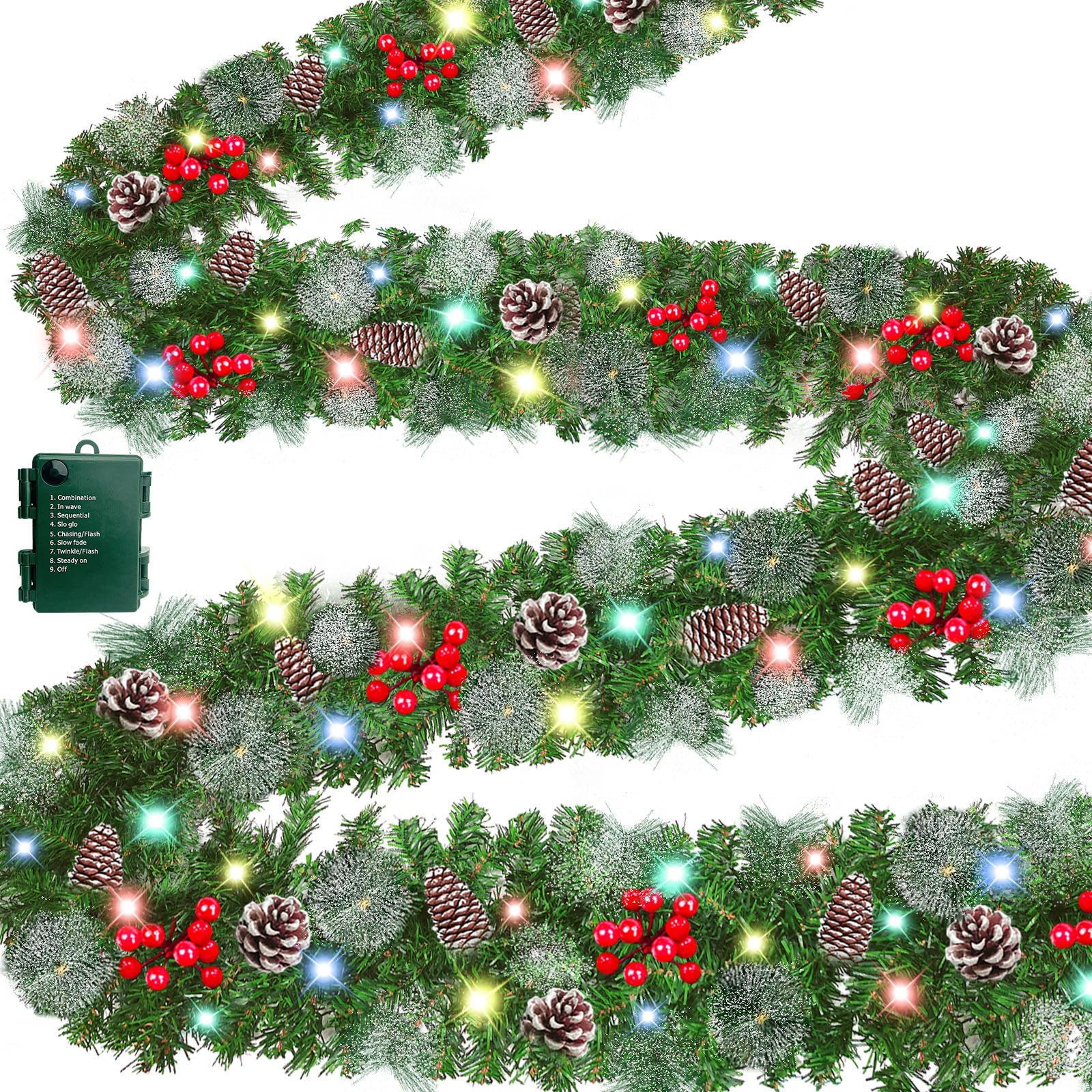 [ Timer & 8 Modes ] TURNMEON 9 Ft Christmas Garland with 50 Colorful Lights Thicker 270 Branchs Tips 10 Pinecones 70 Red Berries