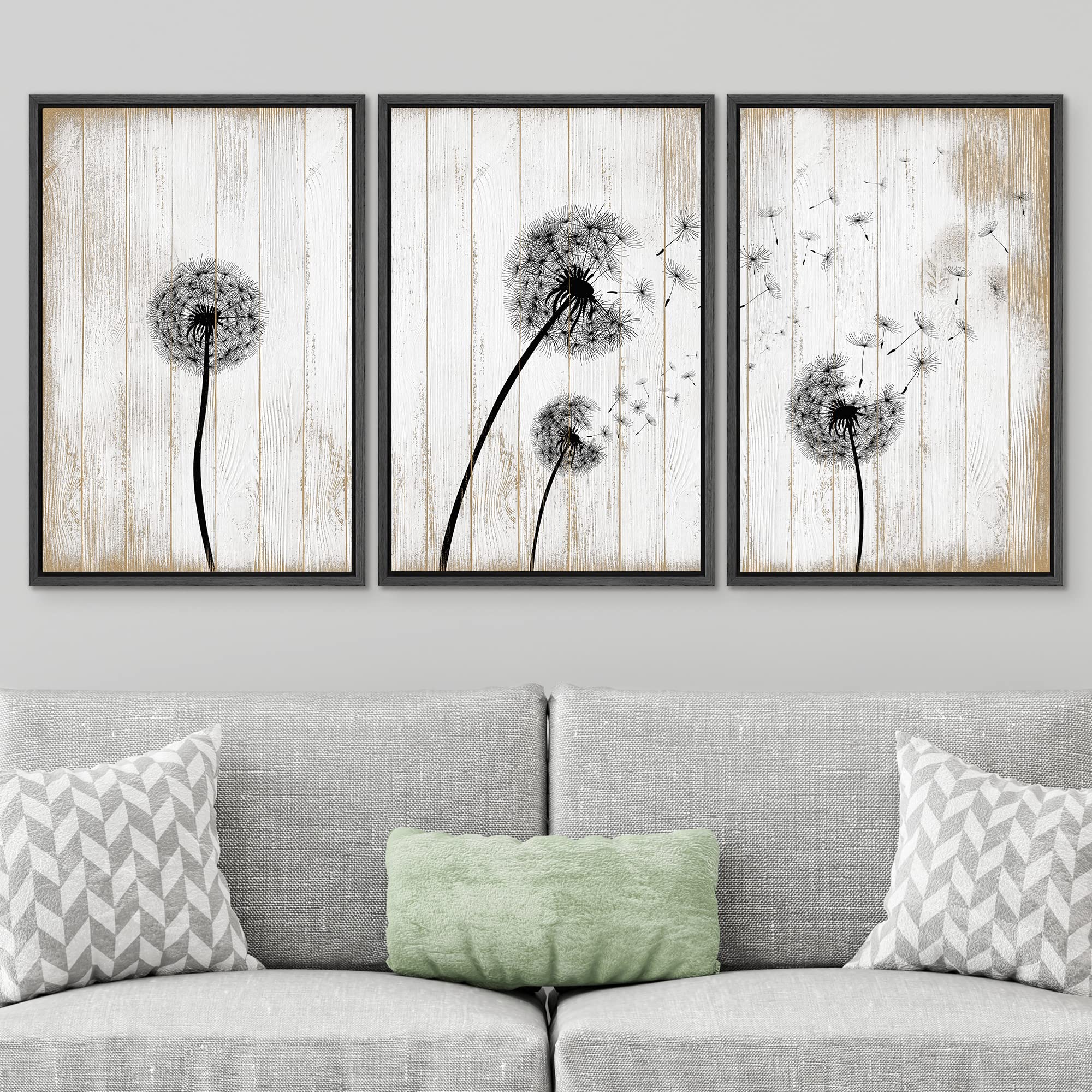 Signwin 3 Piece Framed Canvas Wall Art Dandelion On Wood Background Canvas Prints Home Artwork Decoration For Living Room,Bedroo