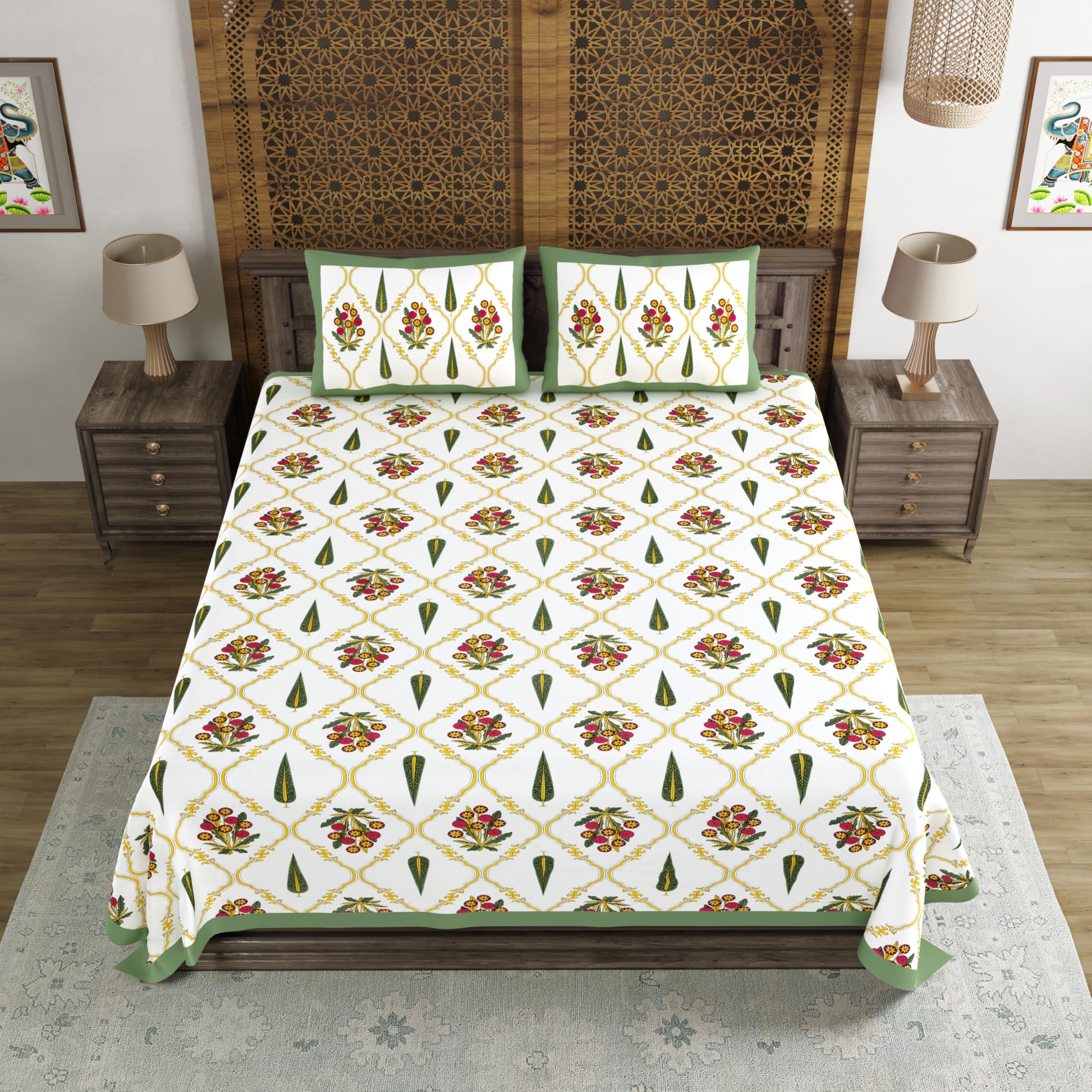 Blocks Of India Hand Block Printed 200 Tc Cotton King Size Bedsheet | Green Patti