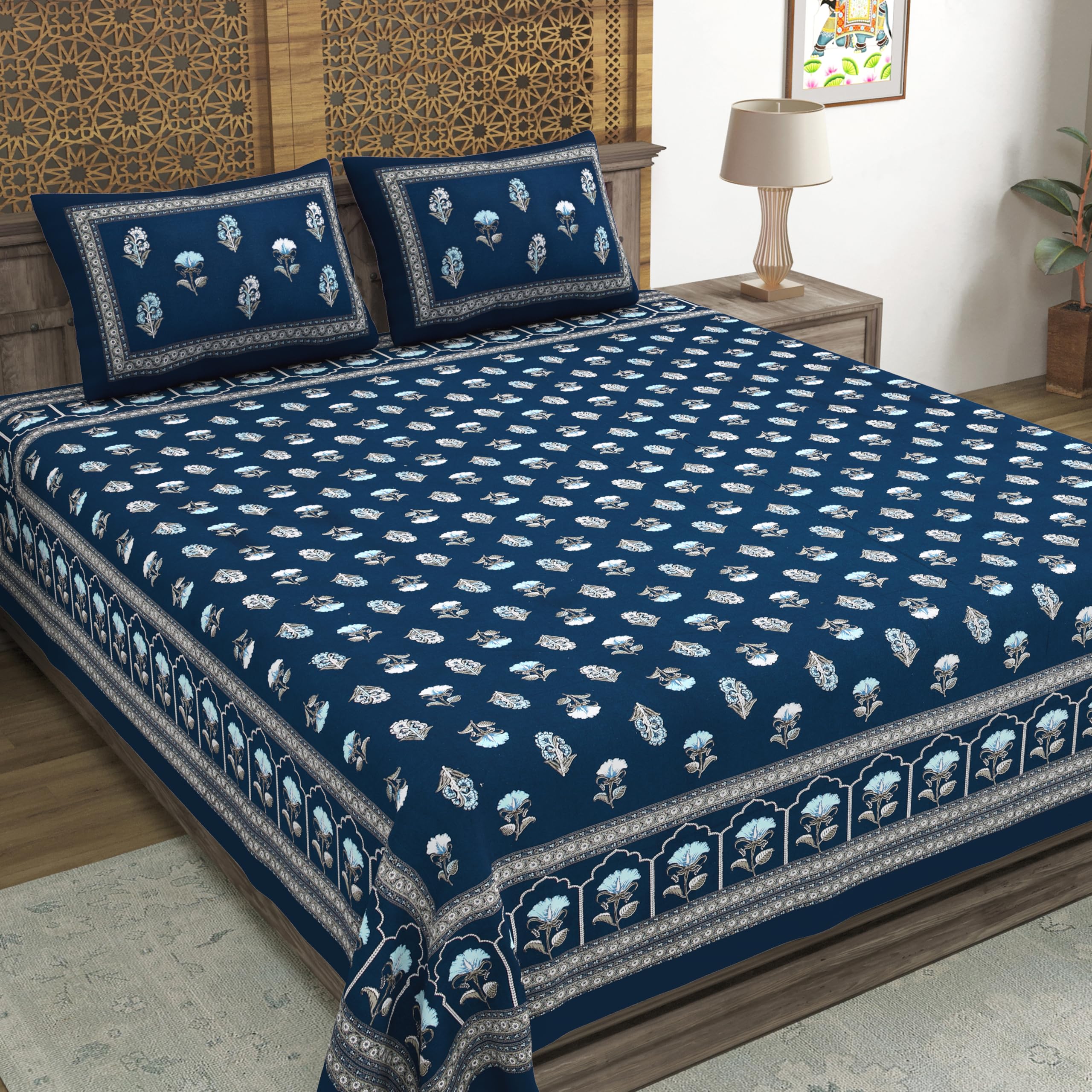 Blocks Of India Hand Block Printed 200 Tc Cotton Super King Size Bedsheet(106 X 106) | Pack Of 1, Batik Blue Flower