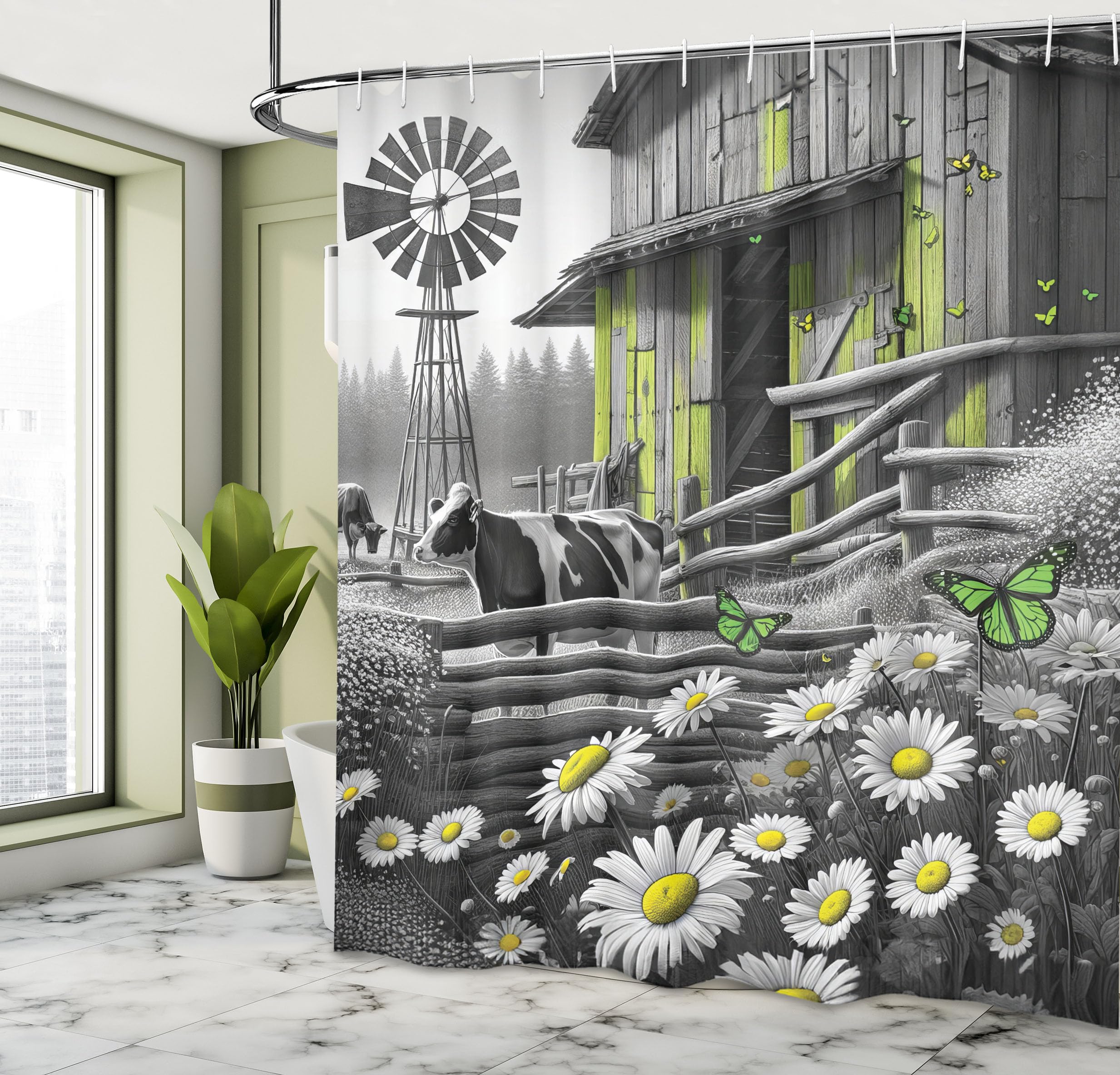 Ambesonne Farmhouse Shower Curtain, Black And White Effect Barn With Cow And Butterflies Farm Life Windmill, Cloth Fabric Bathro