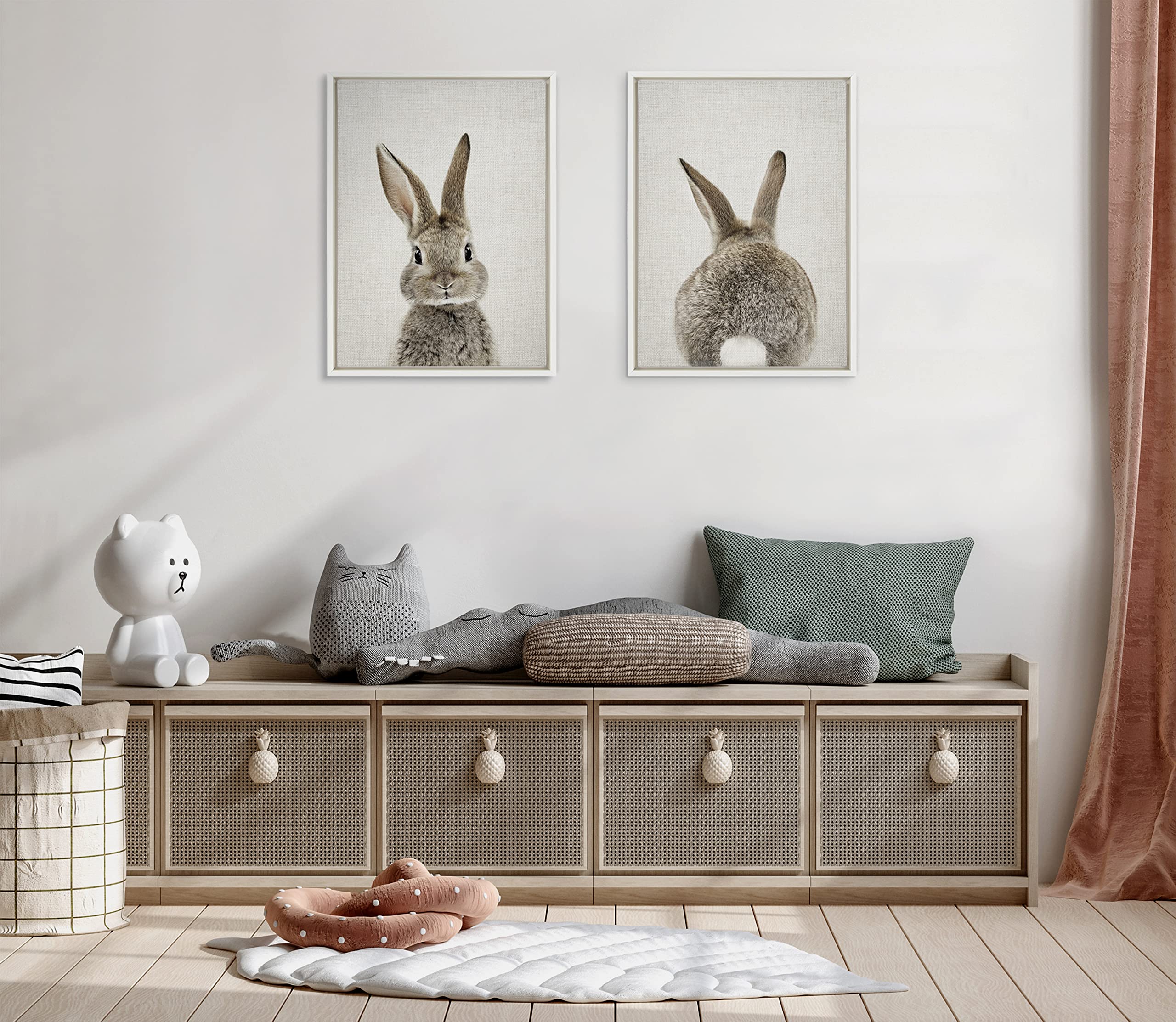 Kate And Laurel Sylvie Bunny Portrait On Linen And Bunny Tail On Linen Framed Canvas Wall Art By Amy Peterson Art Studio, 2 Piec