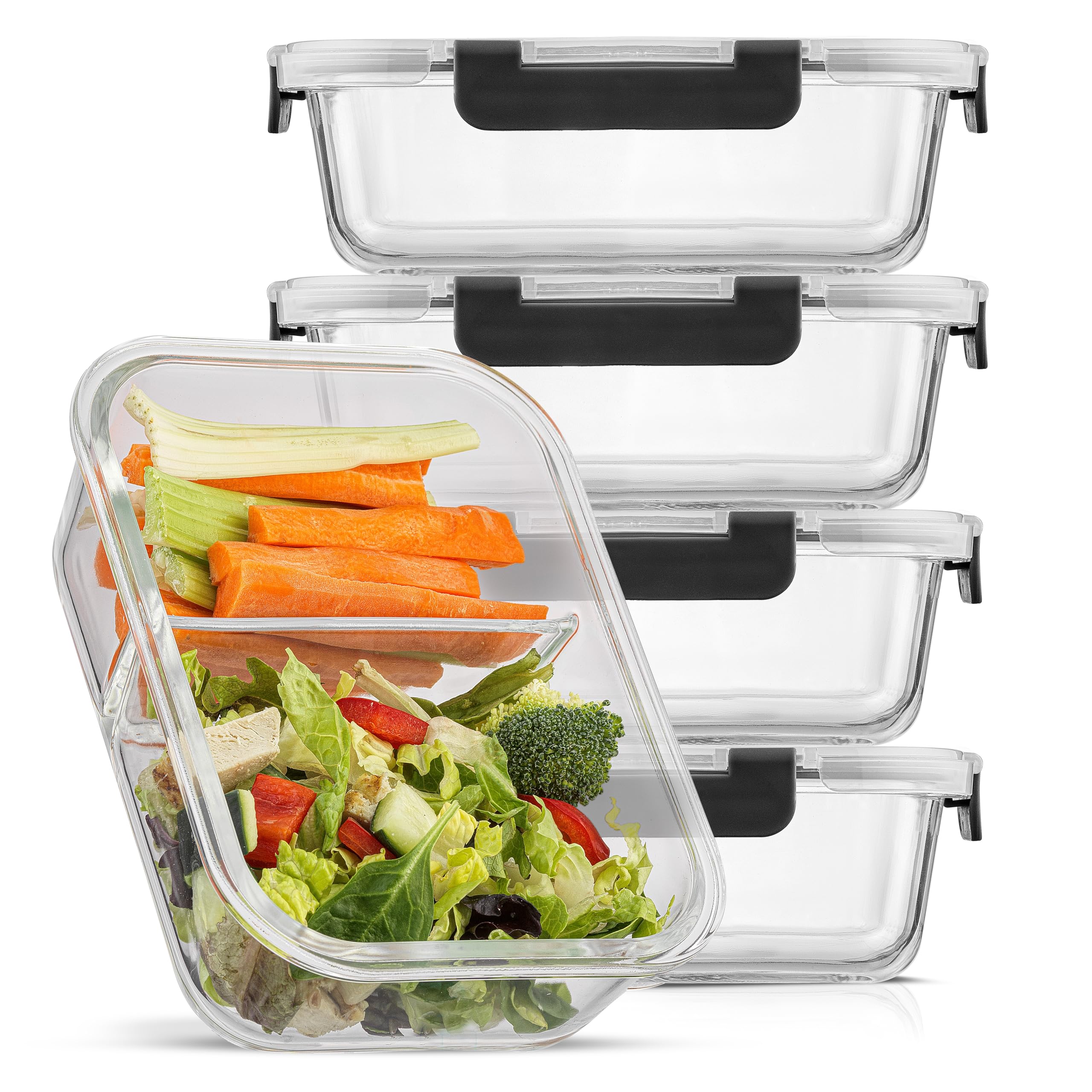 JoyJolt Divided Food Storage Containers with Lids Airtight. 5 Pack Glass Meal Prep Containers 2 Compartment Set Glass Bento Box.