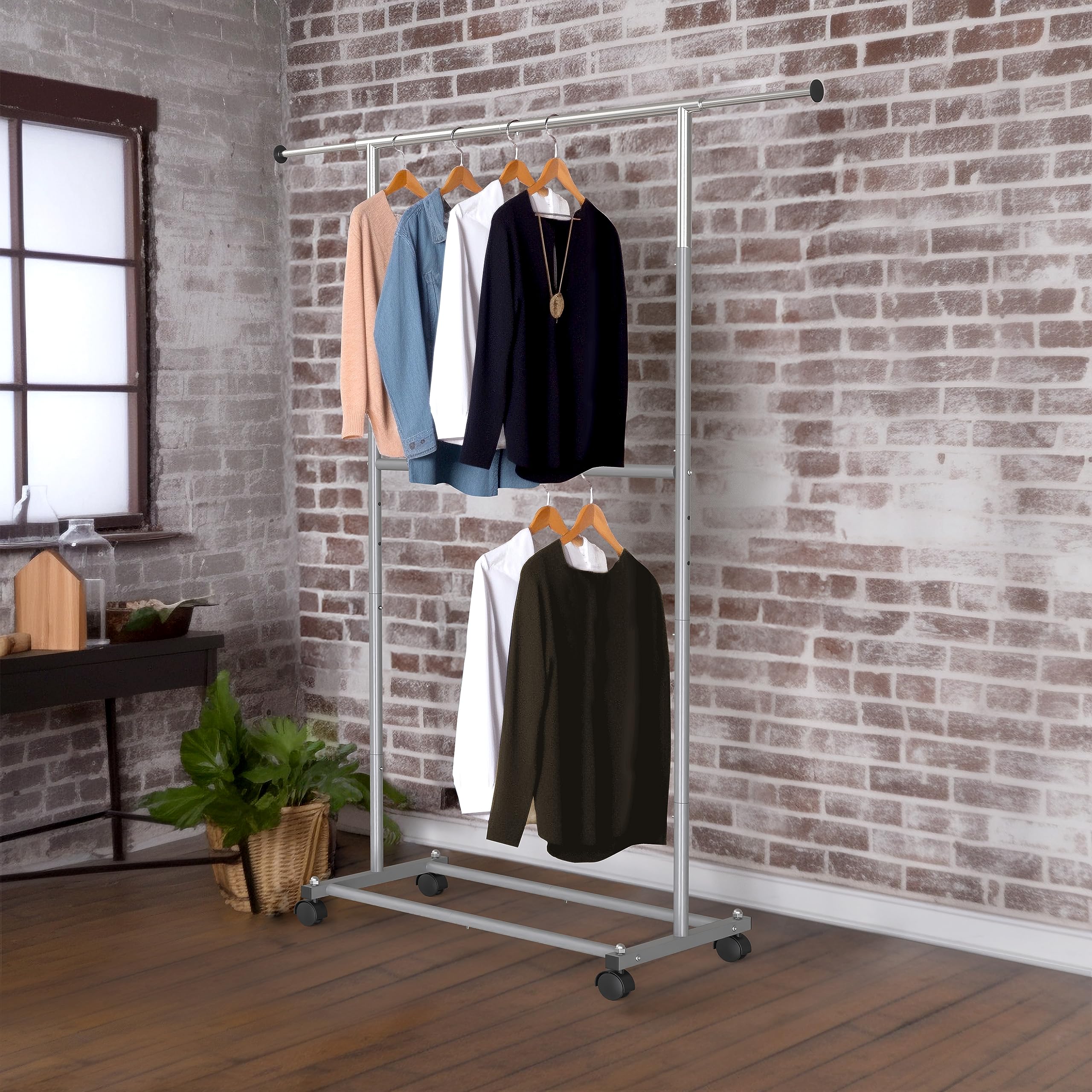 Simple Houseware Double Rod Garment Rack, Grey