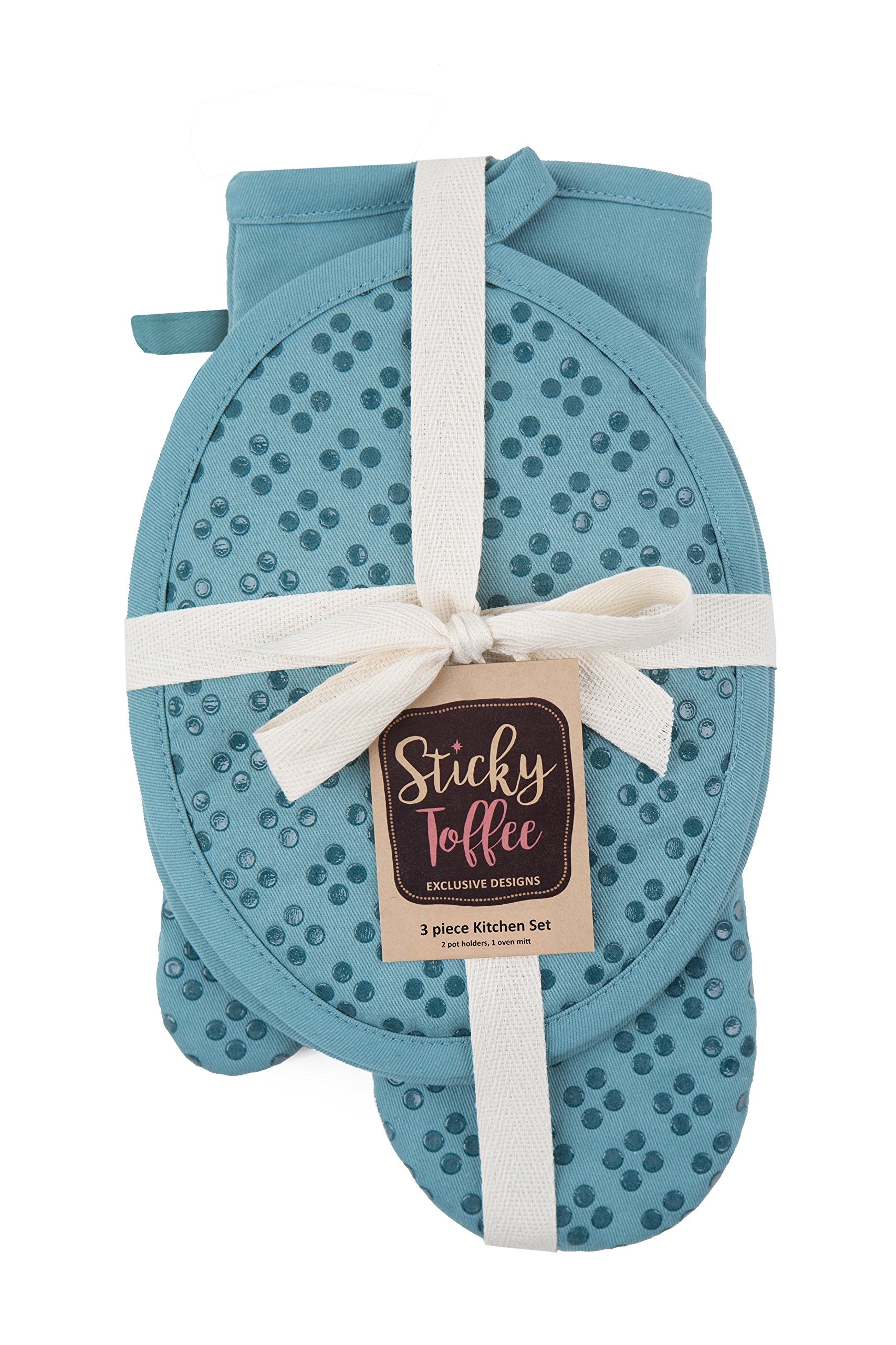 Oven Mitt And Pot Holders Silicone Set Of 3, Non-Slip Kitchen Hot Pads And Oven Mitts Set, Oeko-Tex 100% Cotton Shell, Blue