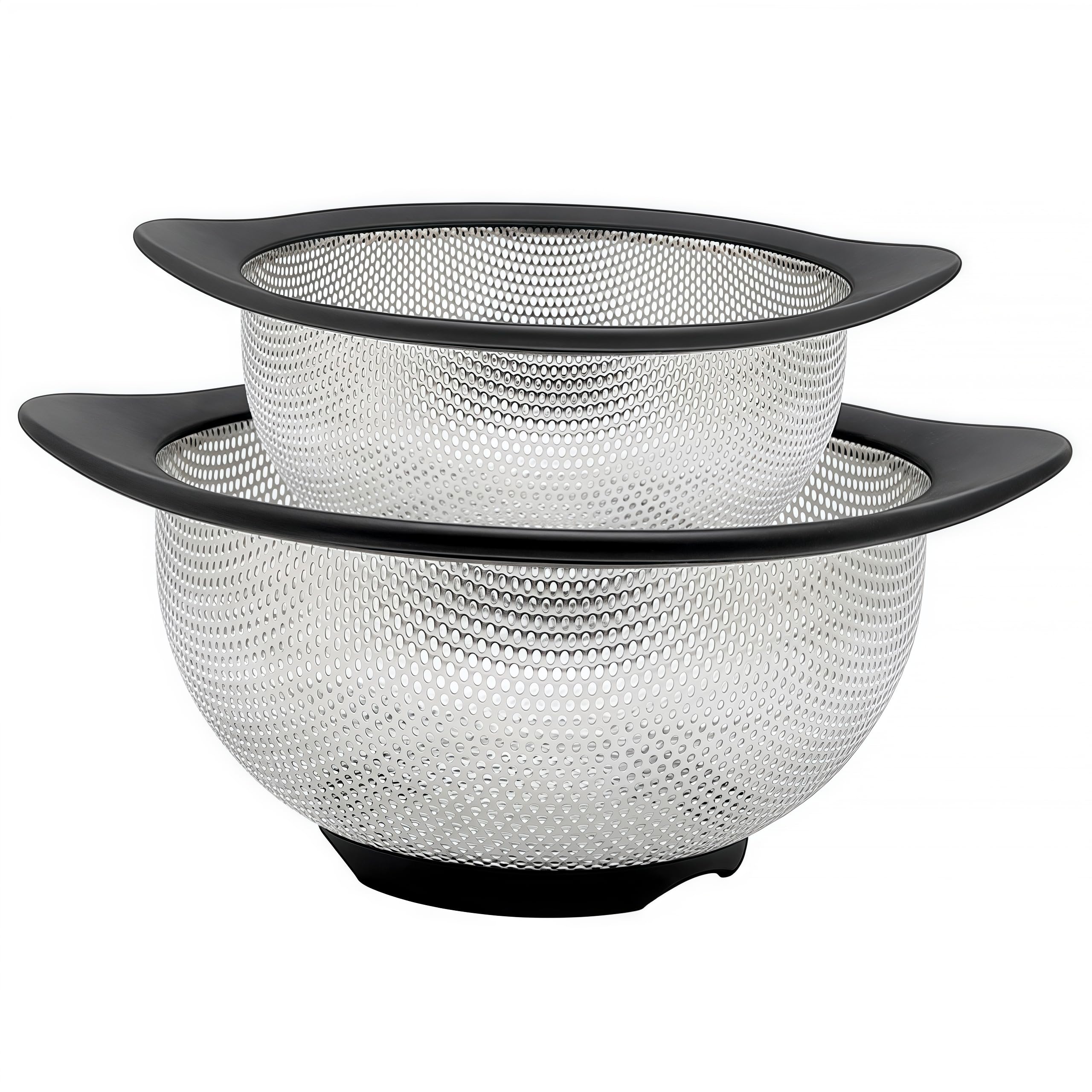 Stainless Steel Colander for Kitchen Metal Colanders & Food Strainers, Small and Large Sink Colander Set, Black Non-Slip Grip, (