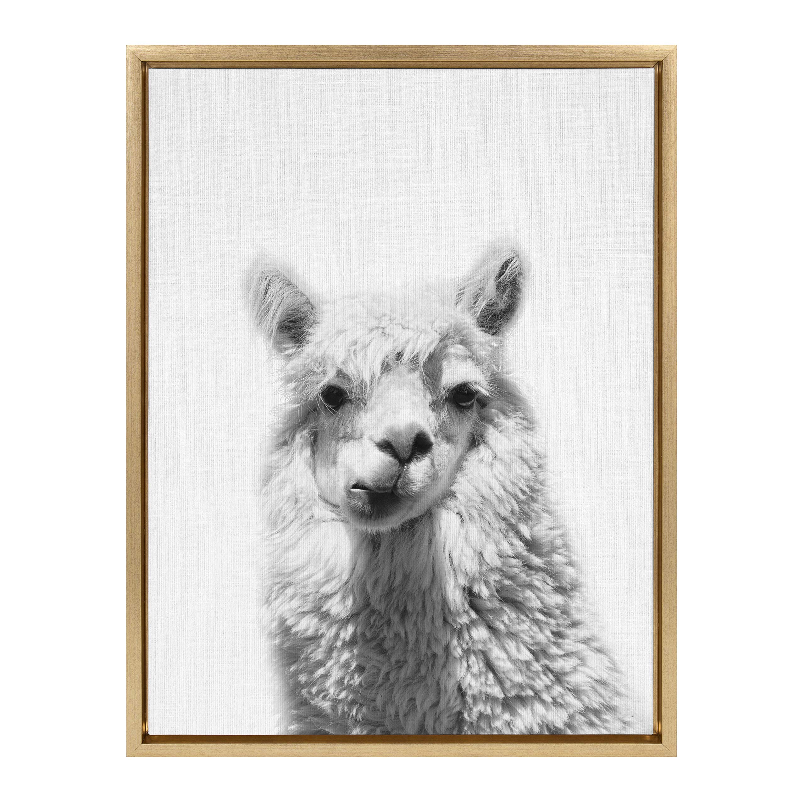Kate And Laurel Sylvie Alpaca Portrait Framed Canvas Wall Art By Simon Te Of Tai Prints, 18X24 Gold, Adorable Animal Home Decor