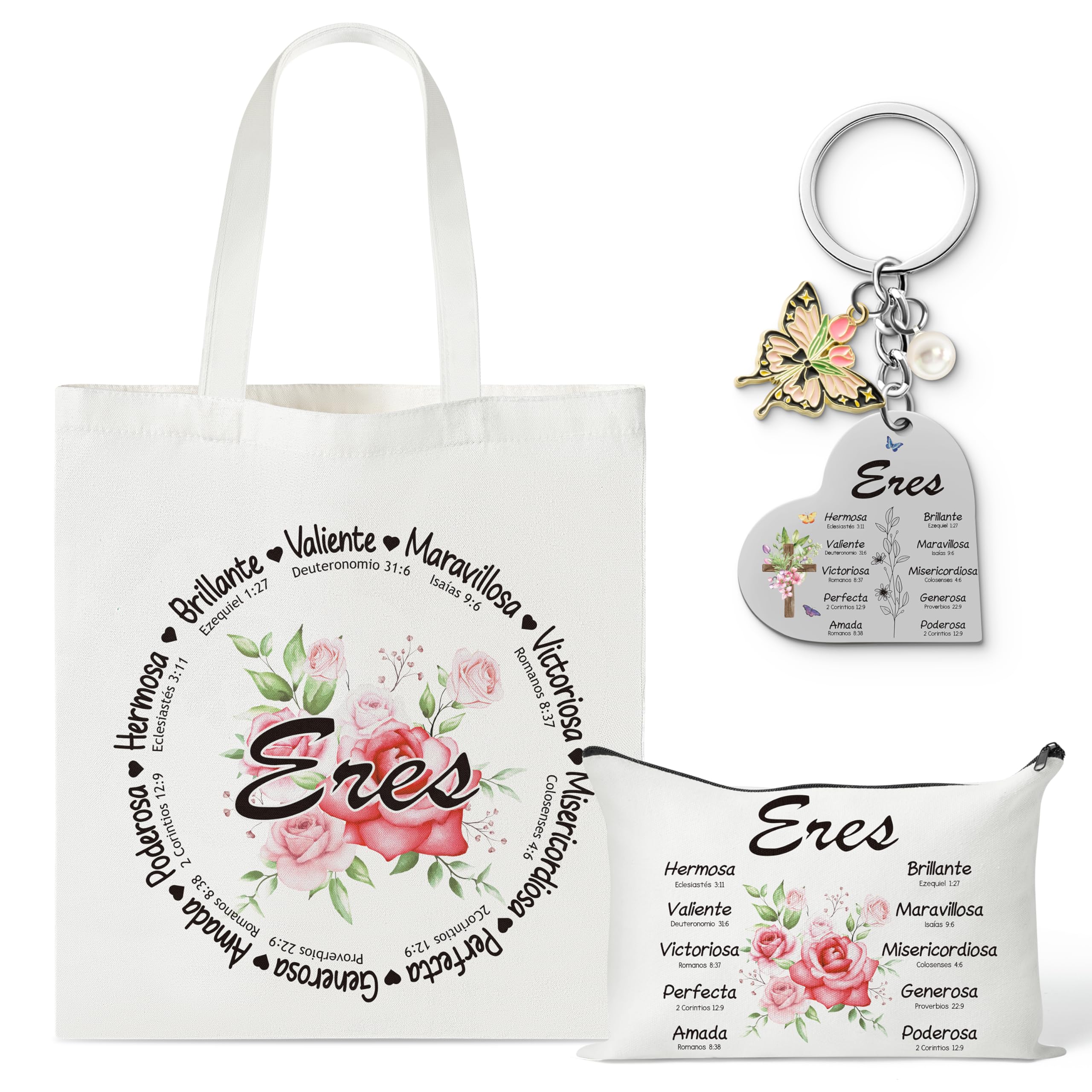 Y1tvei Spanish Christian Gifts For Women - 3Pcs Flower Spanish Bible Verse Canvas Tote Bag with Keychain Inspirational Christian