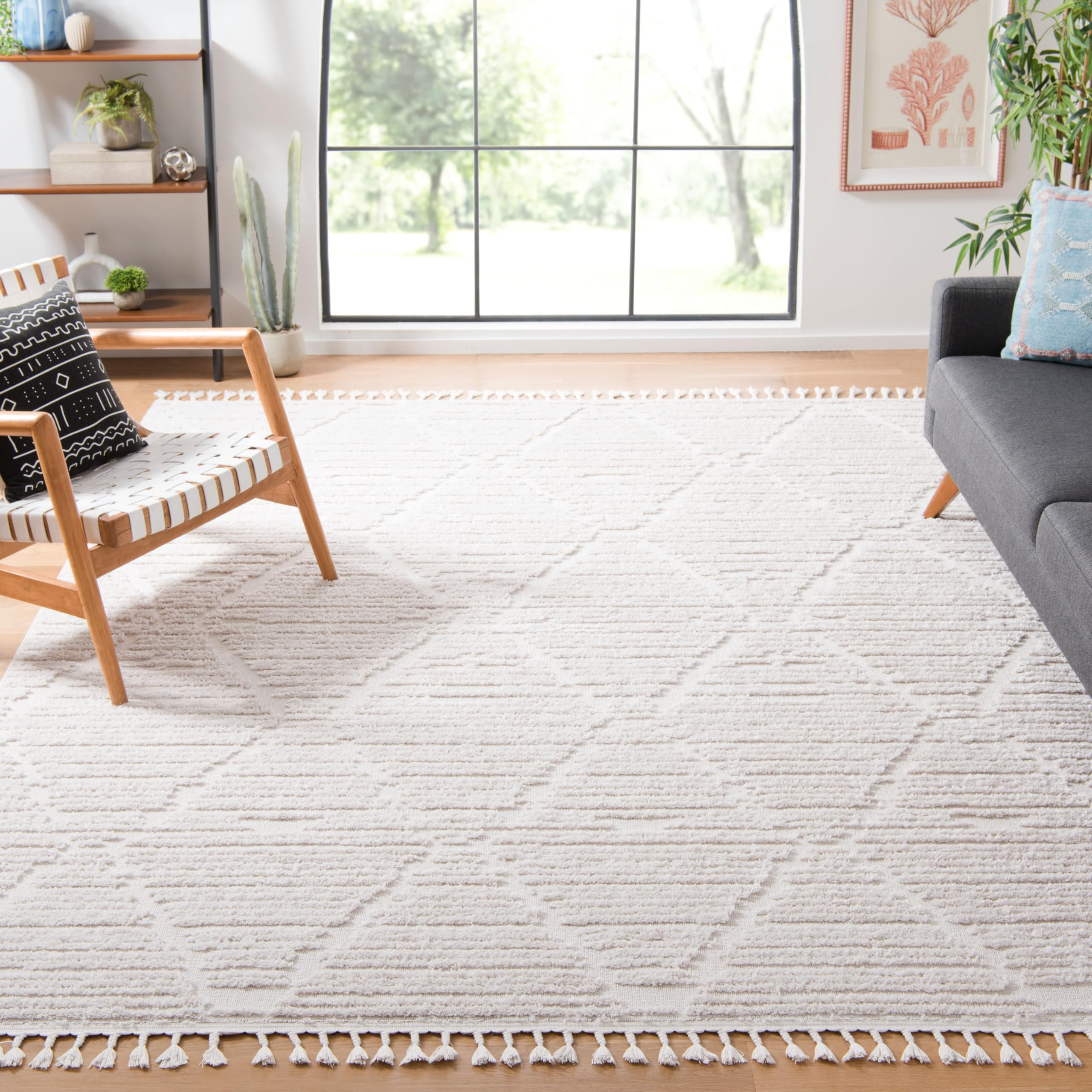 SAFAVIEH Marrakech Collection Area Rug - 9 x 12, Beige, Moroccan Boho Tribal Tassel Design, Non-Shedding & Easy Care, Ideal fo