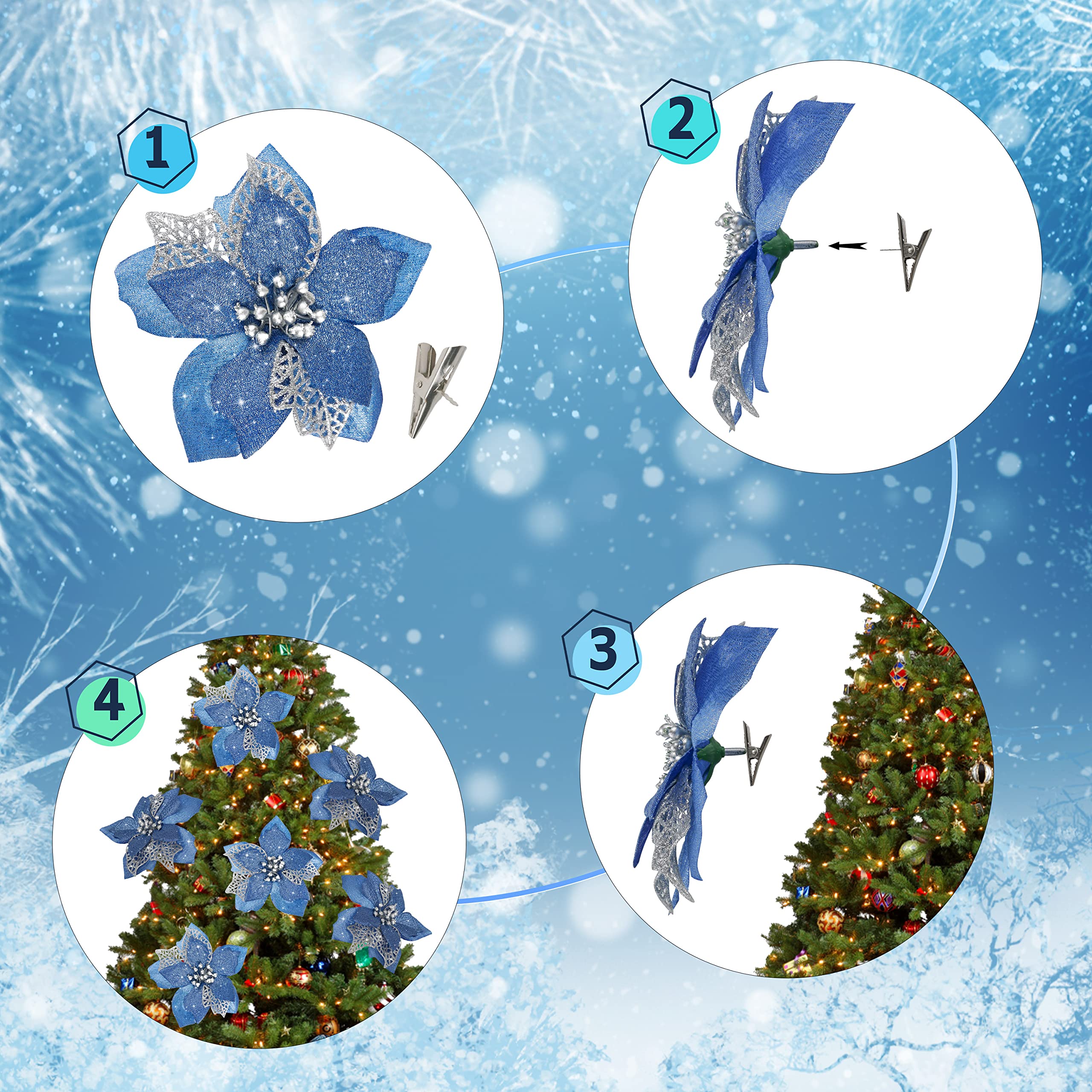 12 PCS Poinsettia Flower Artificial Poinsettia Christmas Decoration 5.9 Blue Glitter Poinsettias Christmas Ornaments Christmas