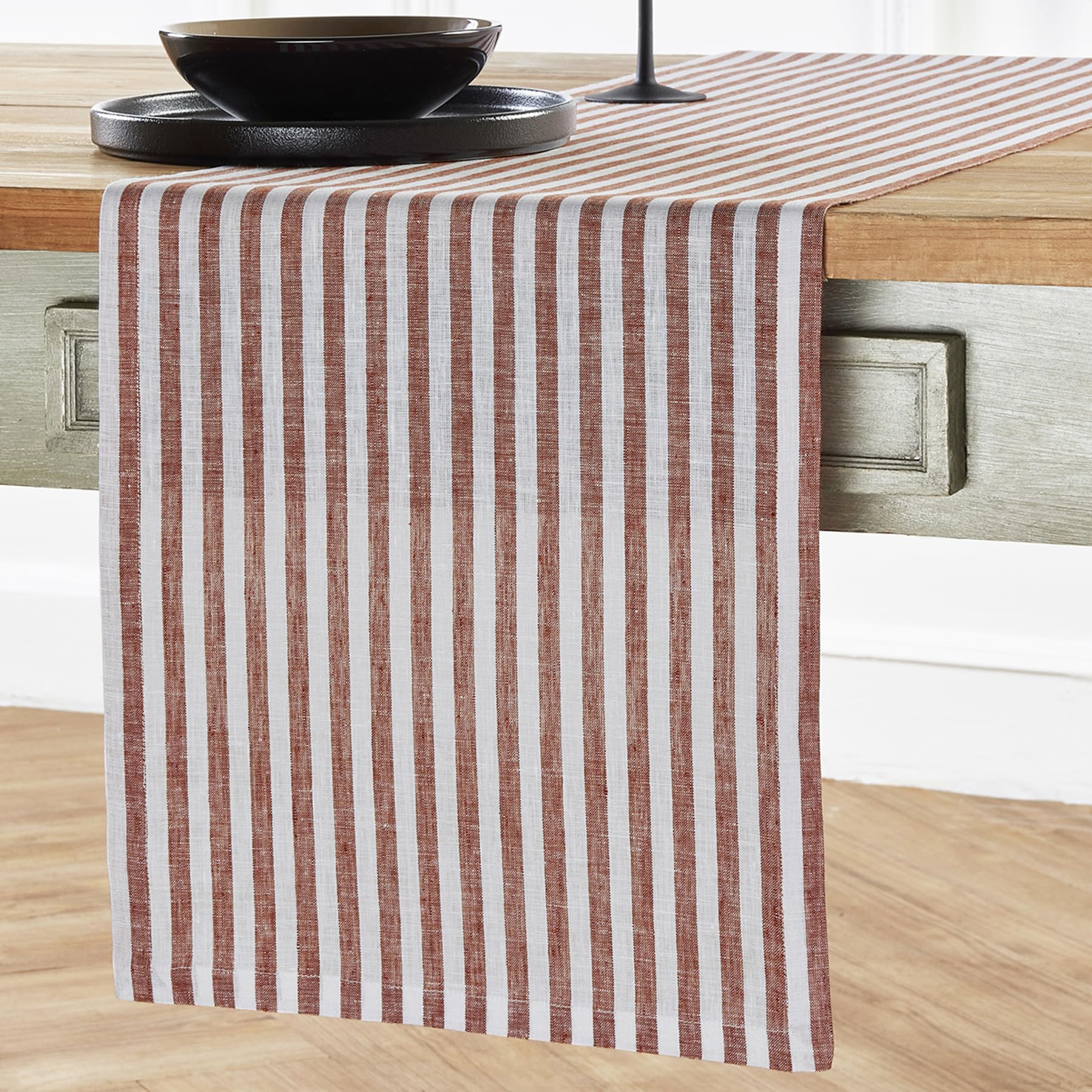 Solino Home Stripe Linen Table Runner 36 Inch - 100% Pure Linen Cinnamon And White Short Table Runner 14 X 36 Inch Ideal For Dre