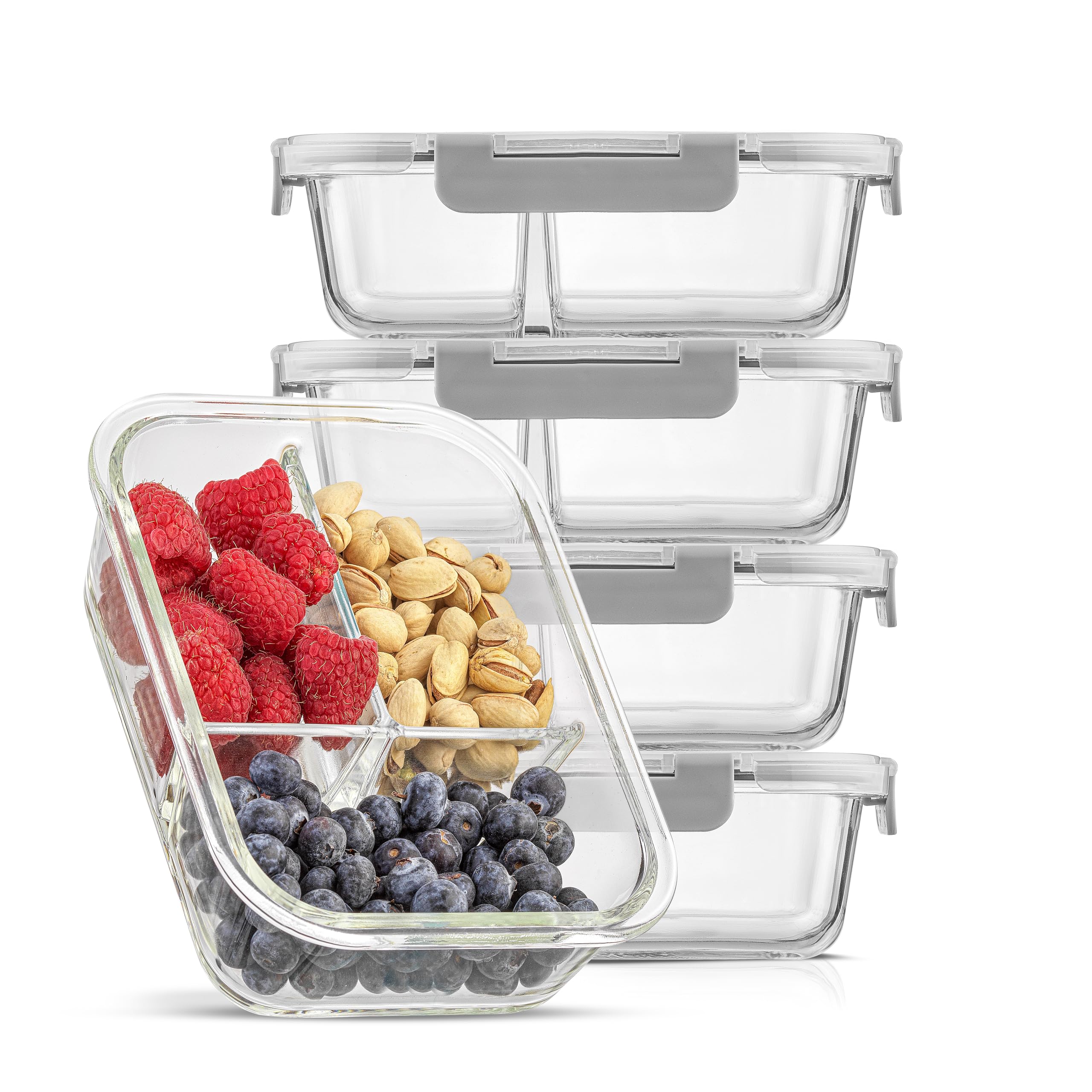 JoyJolt Divided Food Storage Containers with Lids Airtight. 5 Pack Glass Meal Prep Containers 3 Compartment Set Glass Bento Box.