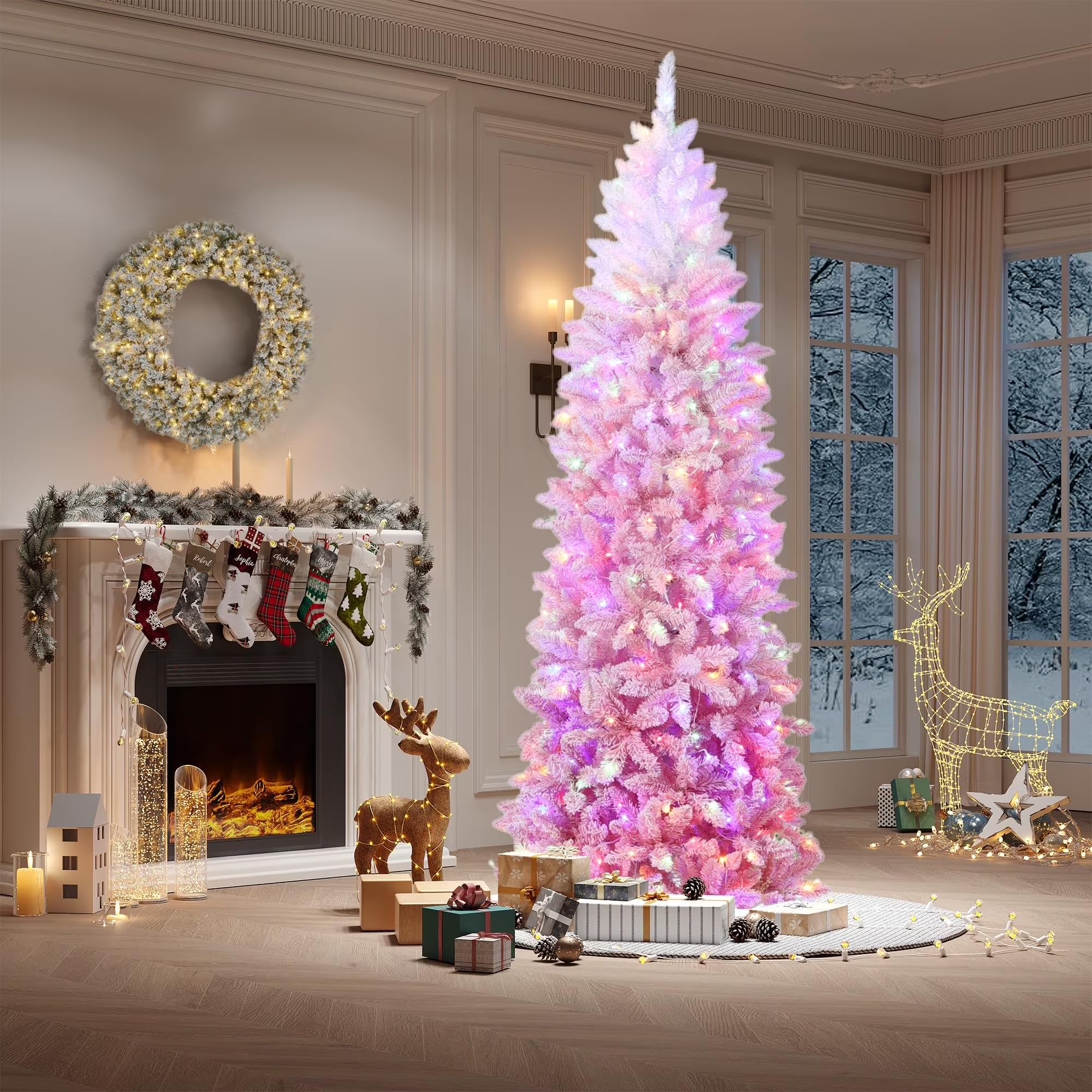 9ft Snow Flocked Pencil Christmas Tree with Pink Gradient, Slim Artificial Xmas Tree on Sturdy Metal Stand, Skinny Holiday Decor