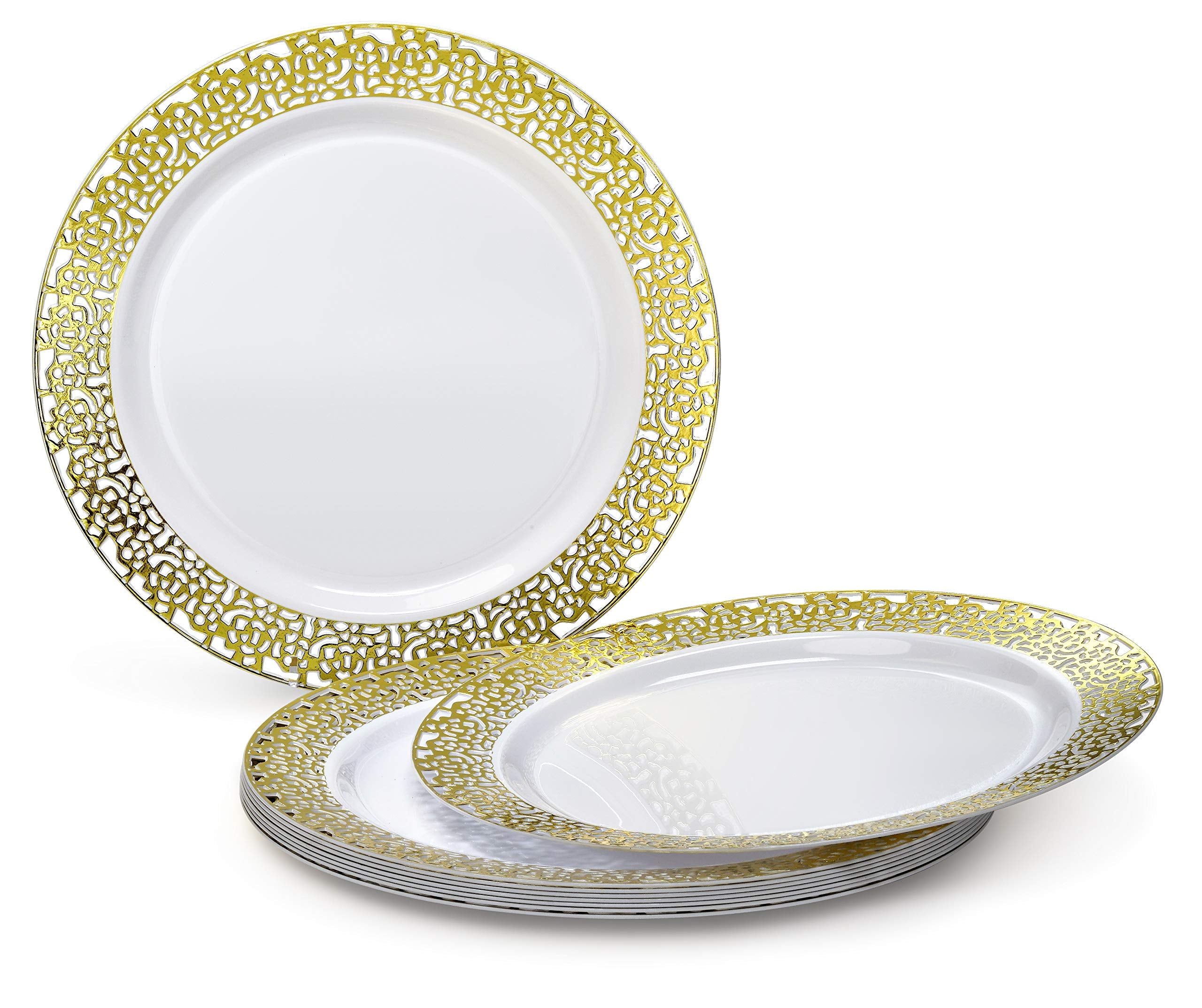 ' OCCASIONS '' 50 Plates Pack (25 Guests)-Heavyweight Wedding Party Disposable Plastic Plate Set -25 x 10.25'' Dinner + 25 x 7.5'' Salad/Dessert plates (Florence White & Gold)