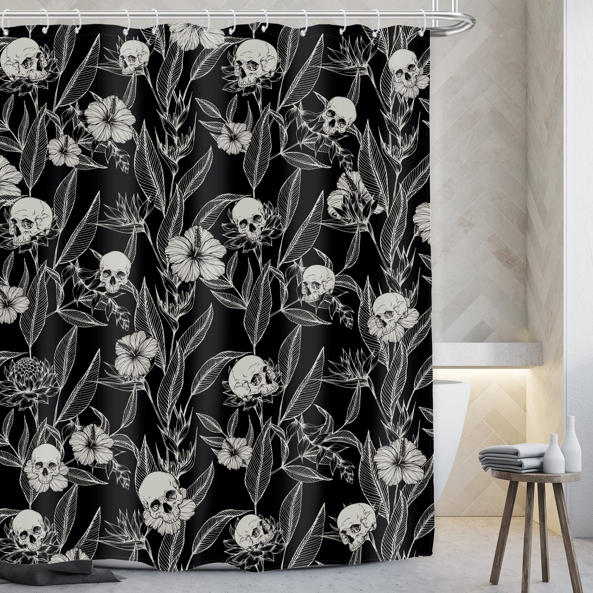 Ambzek Gothic Skull Floral Shower Curtain 60Wx72L Inch Men Goth Skeleton Spooky Sugar Skull Flower Leaves Cool Halloween Artwork