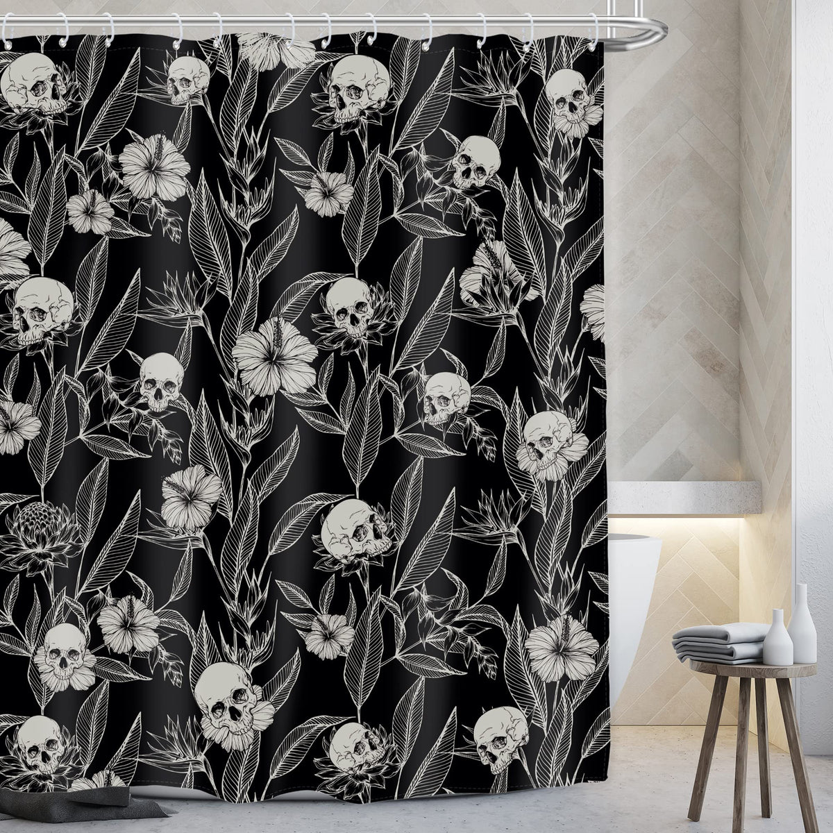 Ambzek Gothic Skull Floral Shower Curtain 60Wx72L Inch Men Goth Skeleton Spooky Sugar Skull Flower Leaves Cool Halloween Artwork