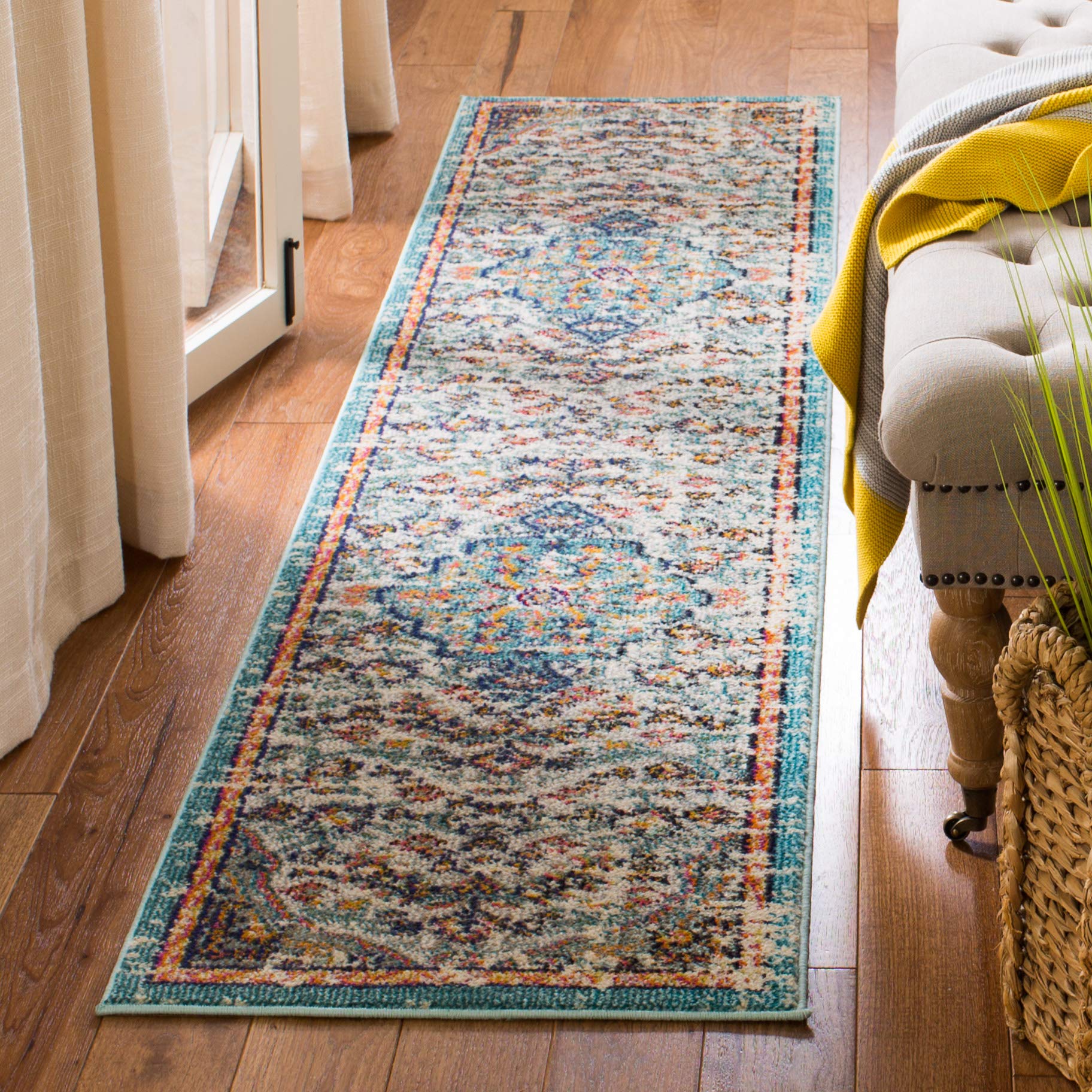 SAFAVIEH Madison Collection Runner Rug - 22 x 18, Grey & Light Blue, Boho Chic Medallion Distressed Design, Non-Shedding & Eas