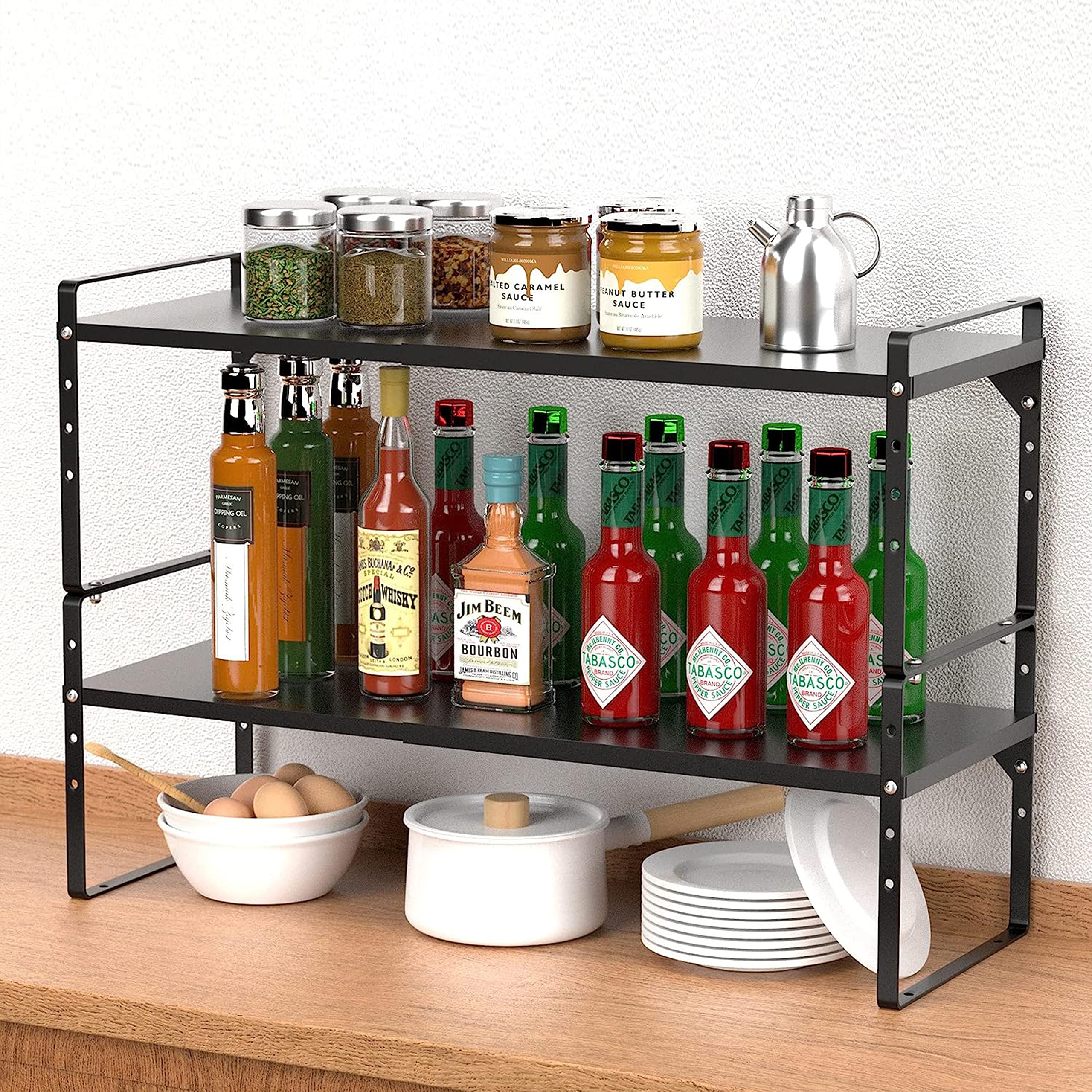 LOCVCDA Expandable Kitchen Cabinet Storage Shelf, Stackable Metal Pantry Storage Shelves Organizer, Adjustable Height Counter Sp