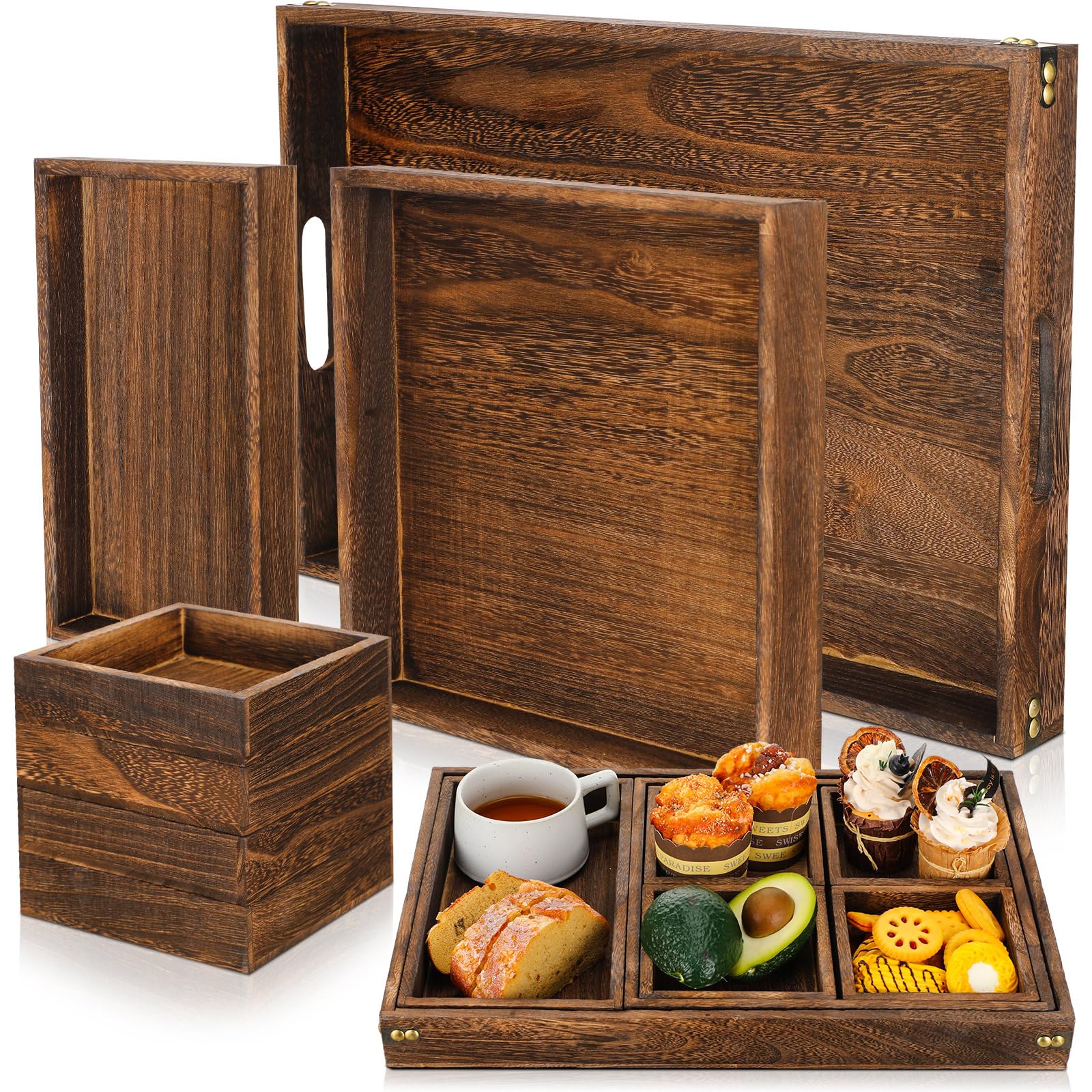 Geetery 2 Sets 14 Pcs Wooden Serving Trays With Handle Large Medium Small Mini Nesting Multipurpose Trays Rectangular Wood Servi