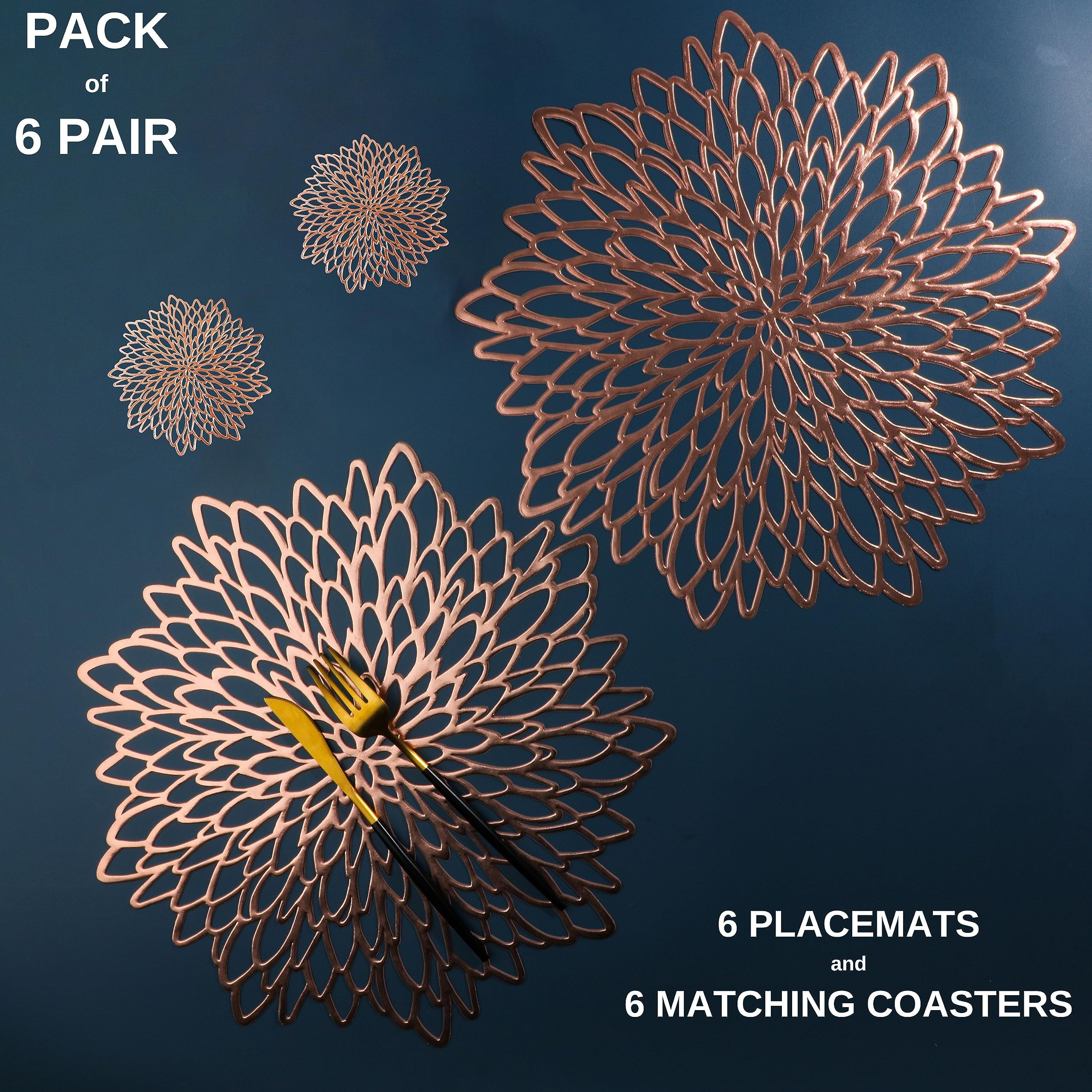 Snowkingdom 6 Pairs Rose Gold Placemats & Coasters 12 Pcs Metallic Pressed Vinyl For Dinning Table Mats Decoration Round Floral