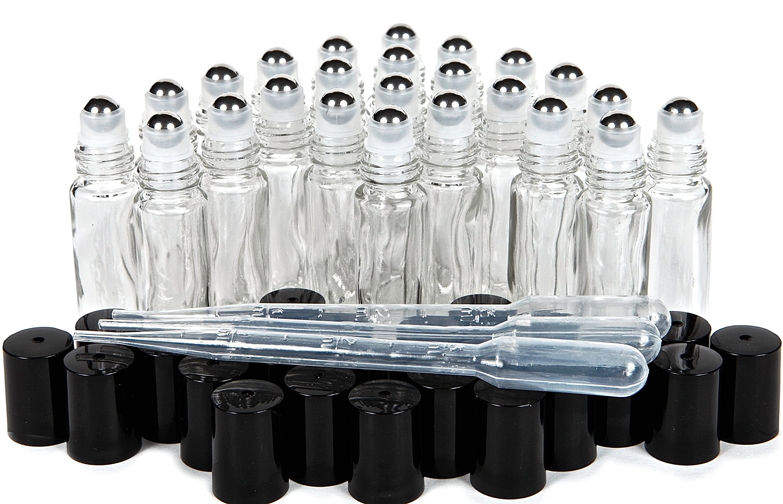 Vivaplex  24  Clear  10 ml Glass Roll-on Bottles with Stainless Steel Roller Balls. 3-3 ml Droppers included