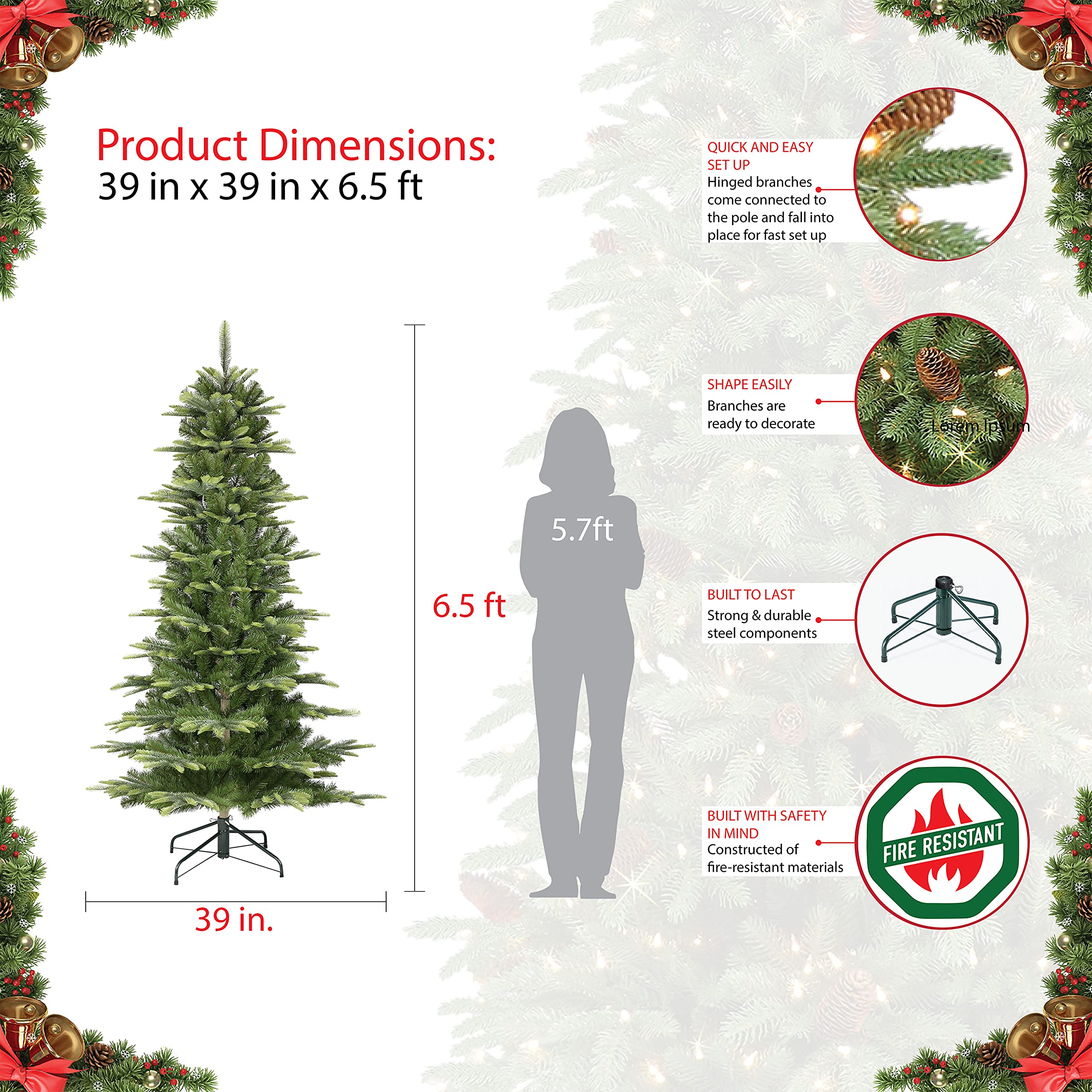 Puleo International 6.5ft Pre-Lit Slim Aspen Fir Artificial Christmas Tree with 350 Clear Lights, 760 Realistic Dense Branch Tip