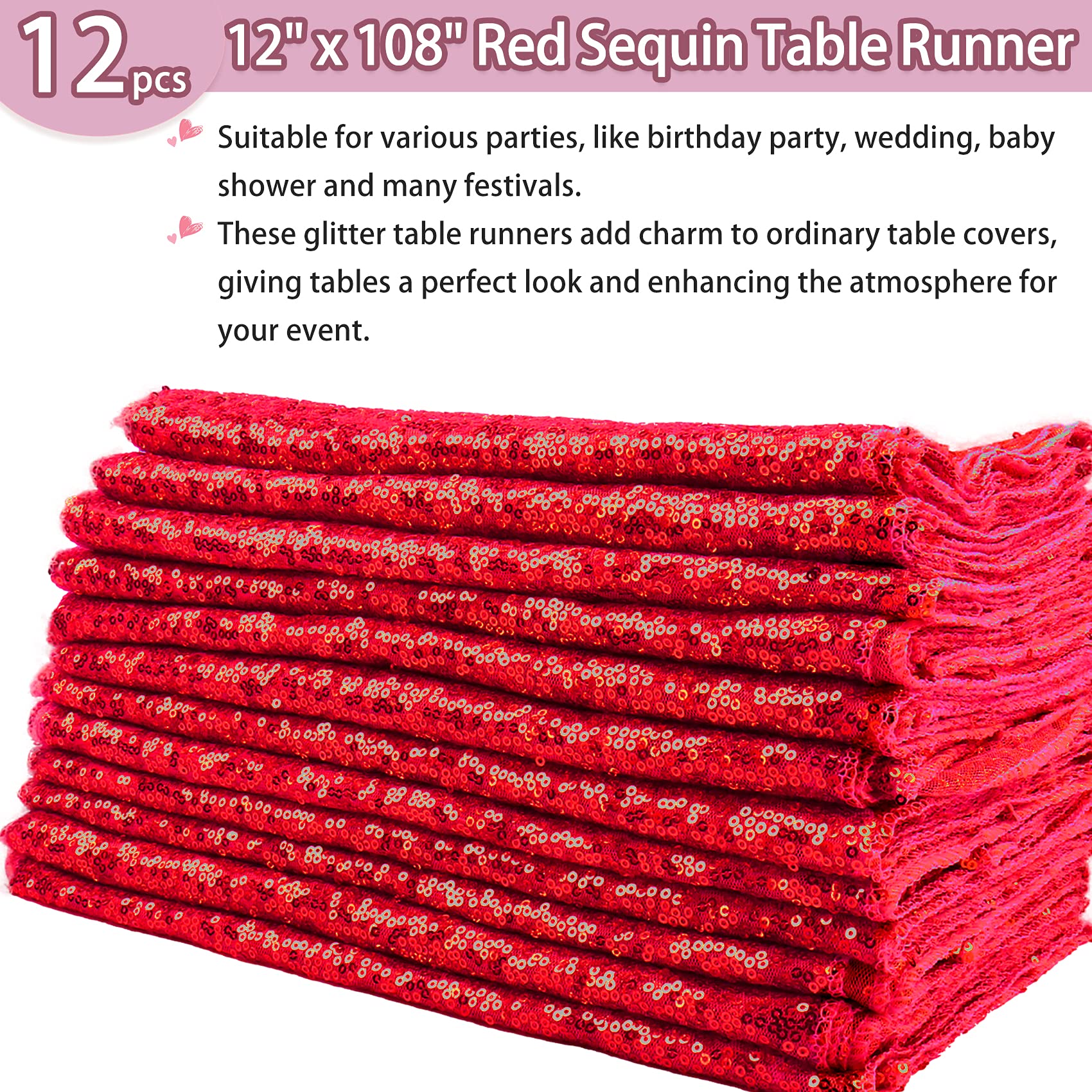 12 Packs 12 X 108 Inch Red Sequin Table Runner Glitter Dining Table Runner For Birthday Wedding Engagement Bridal Baby Shower Ba