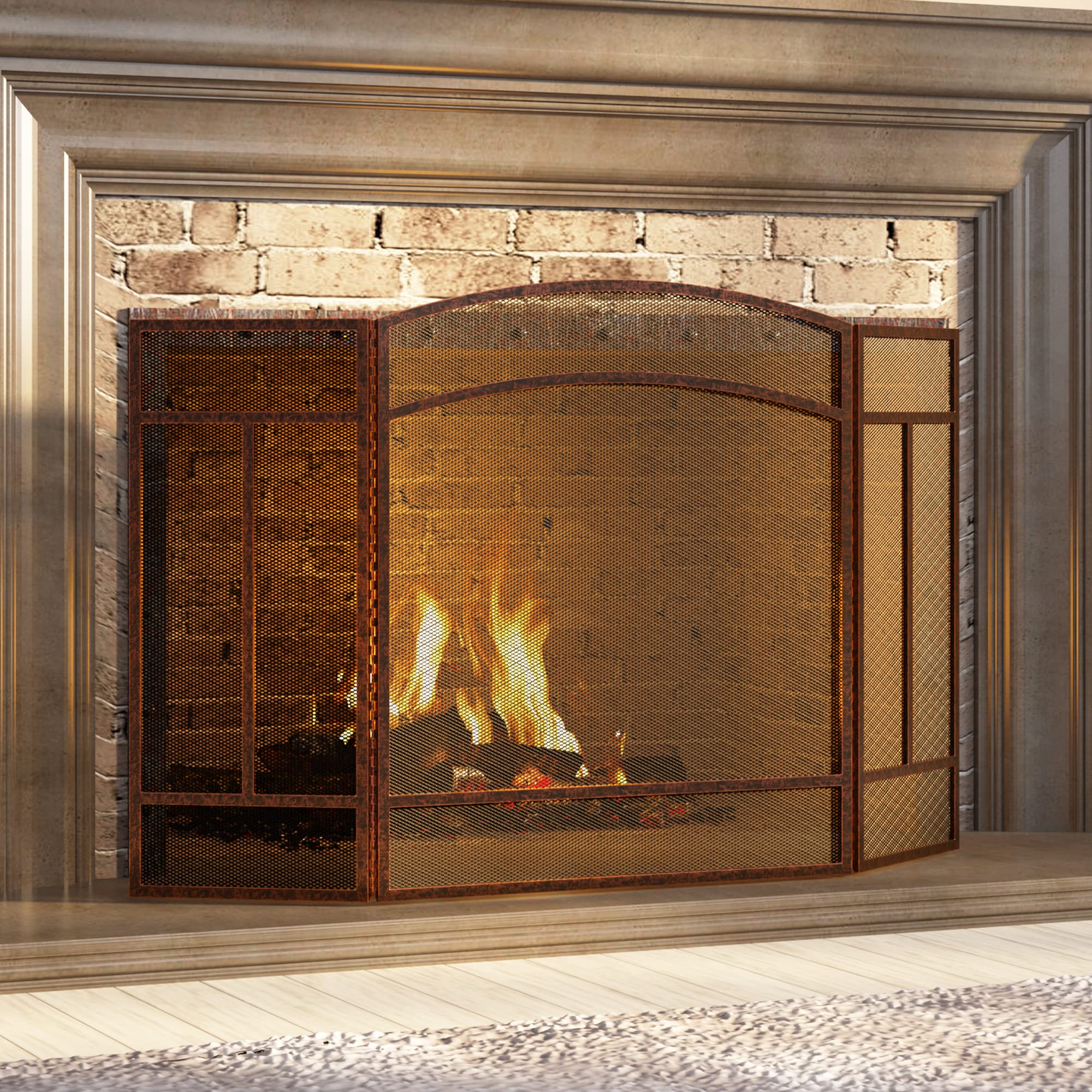 Fire Beauty Fireplace Screen 3 Panel Wrought Iron 48''(L) X 29''(H) Spark Guard Cover(Brushed Copper)