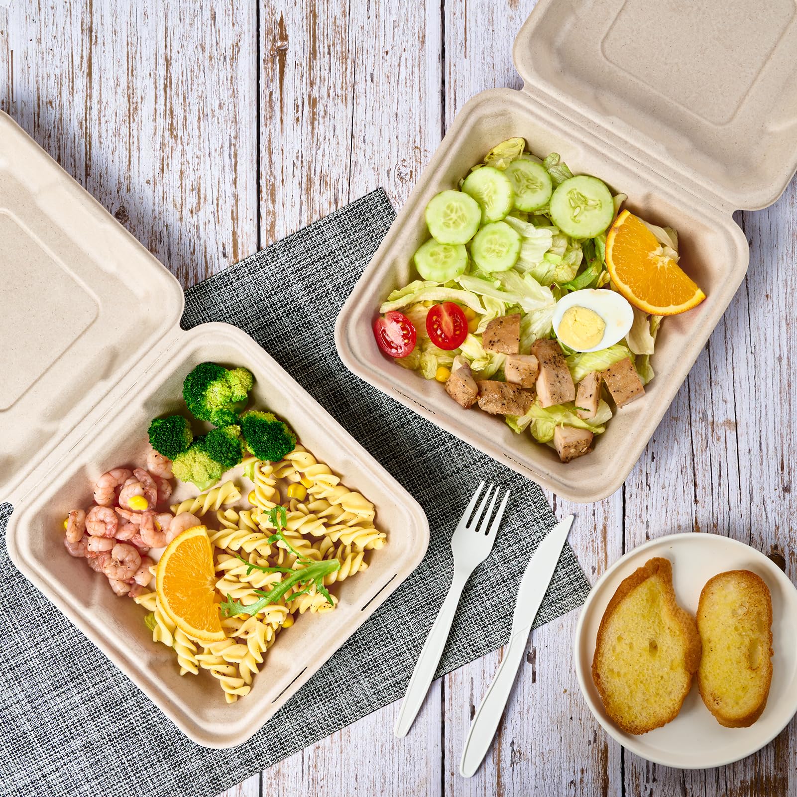 ECOLipak 50 Pack Clamshell Take Out Food Containers  100% Compostable Disposable To Go Containers  8X8 Heavy-Duty To Go Boxes  Eco-Friendly Biodegradable To Go Containers For Food