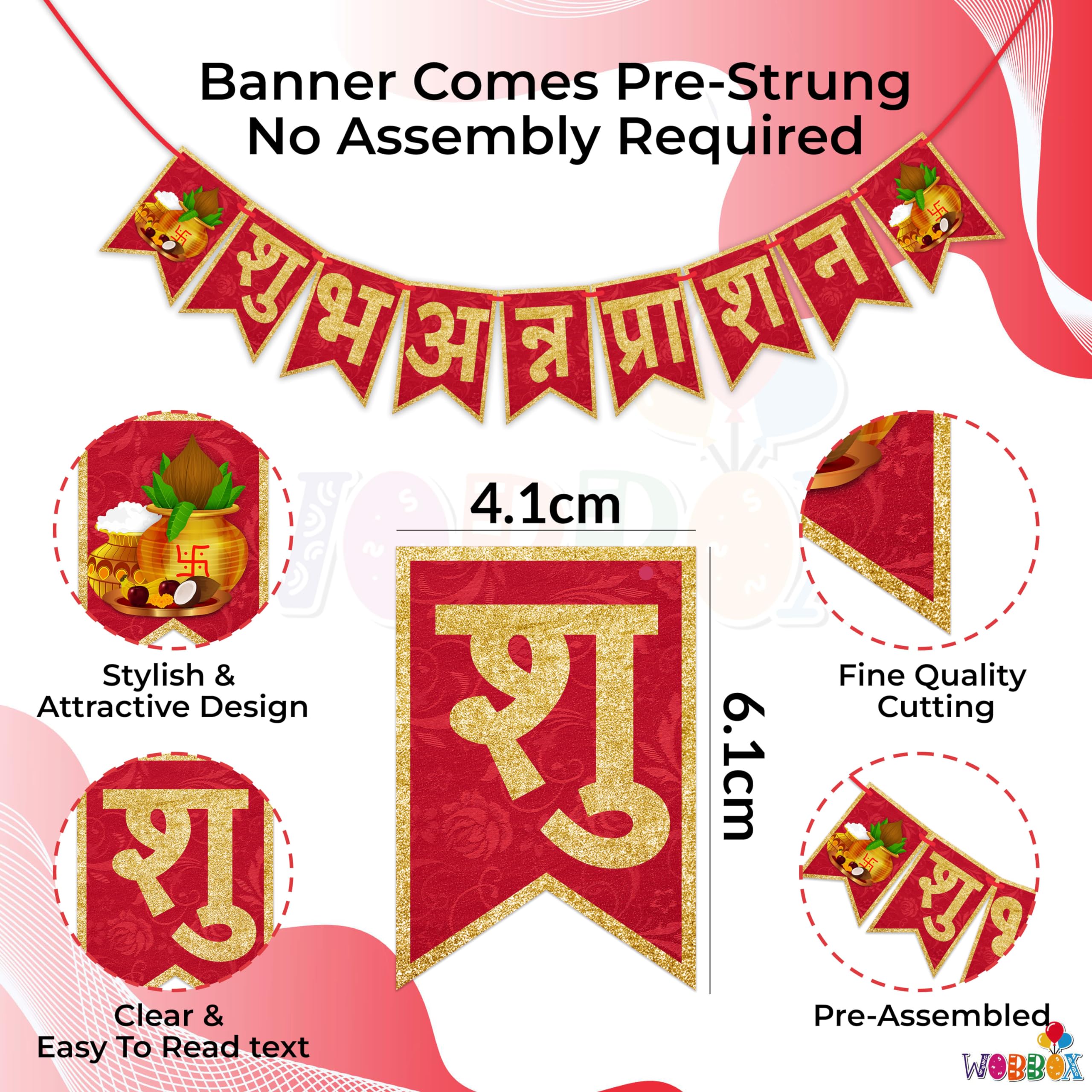 WOBBOX Annaprashan Photo Booth Party Props with Bunting Banner Hindi Shubh Red & Golden Color Font, Decoration Item